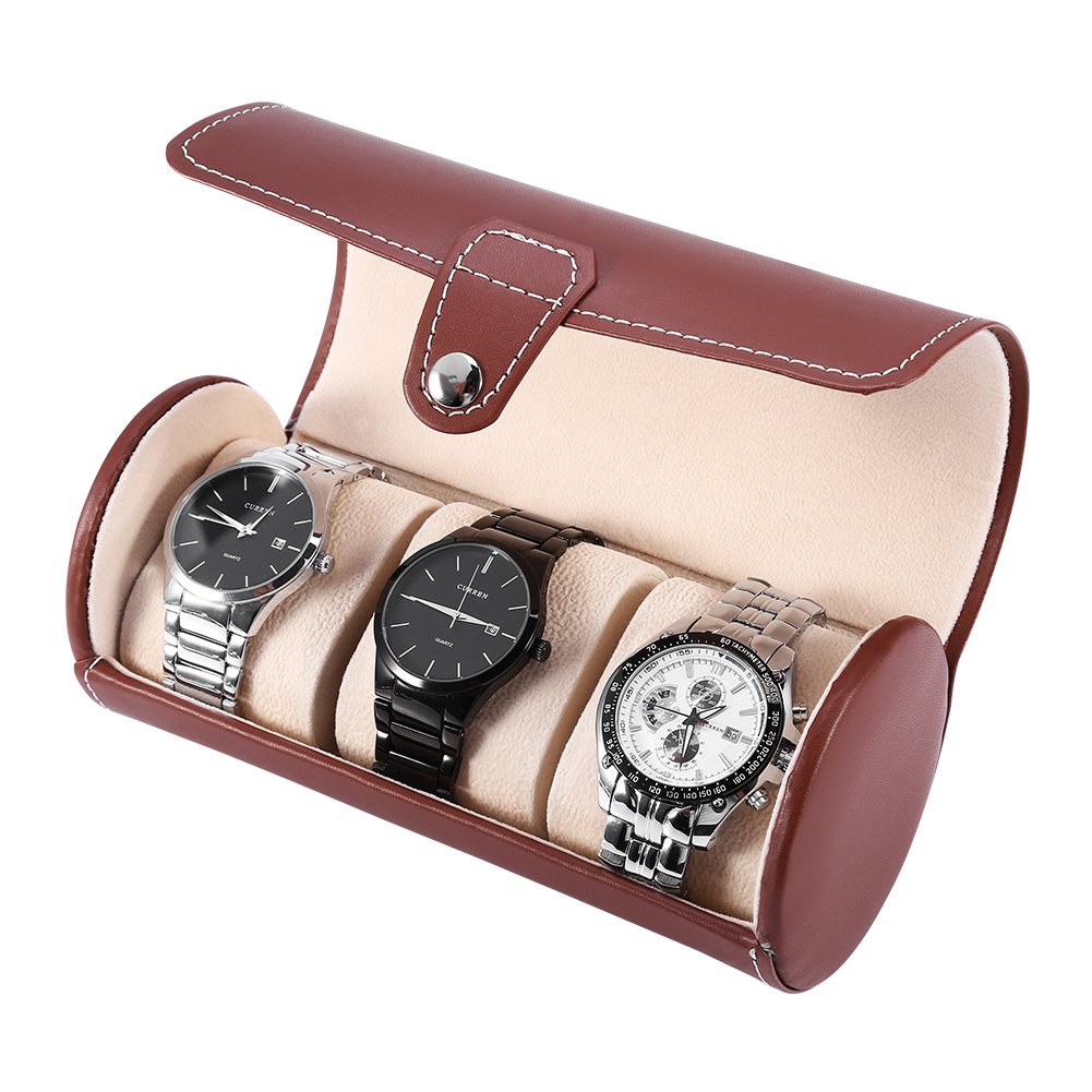 Premium Leather Watch Box for Men - 3 Grid Cylinder Watch Roll Holder & Travel Case - Anti-Scratch Wristwatch Display Storage (Brown) - Perfect Gift for Watch Collectors & Business Travel Accessories