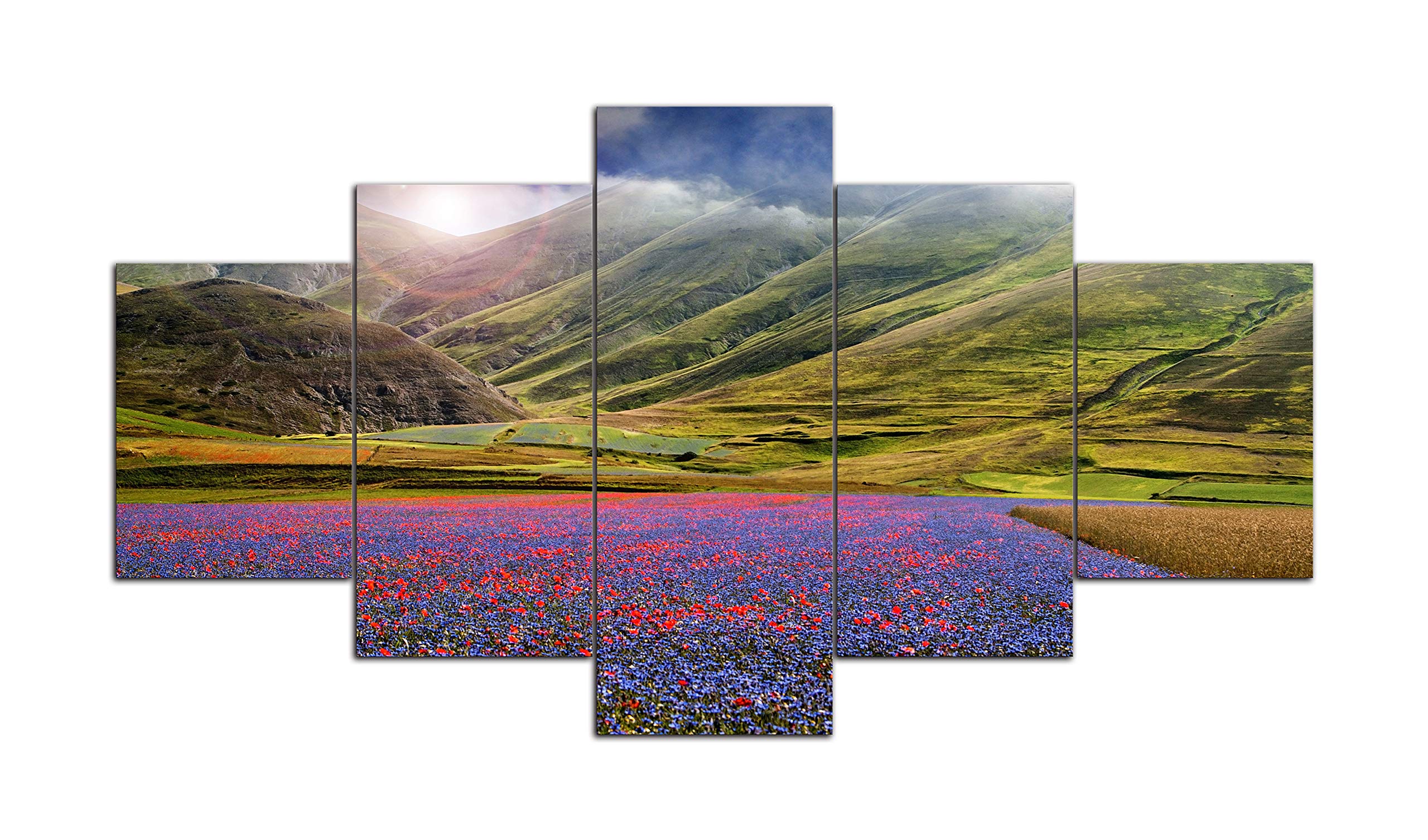 AMEMNY 5 Panel Purple Flowers Wall Art - Sunset Landscape Canvas Painting - Stretched & Framed Ready to Hang - Scenery Flower Picture for Living Room, Bedroom, Bathroom Decor | Perfect for Home, Office & Gift Giving