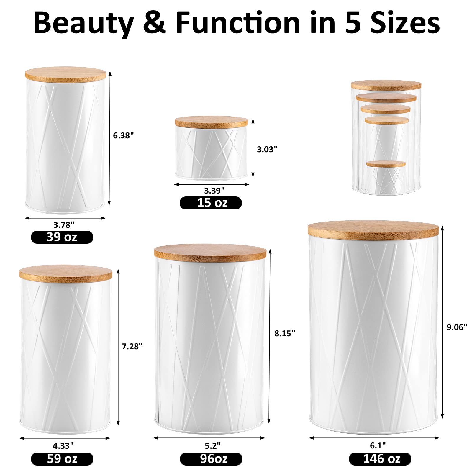 6-Piece White Kitchen Canister Set for Flour, Sugar, Coffee & Tea Storage - Modern Farmhouse Countertop Decor for Baking, Cooking & Organizing