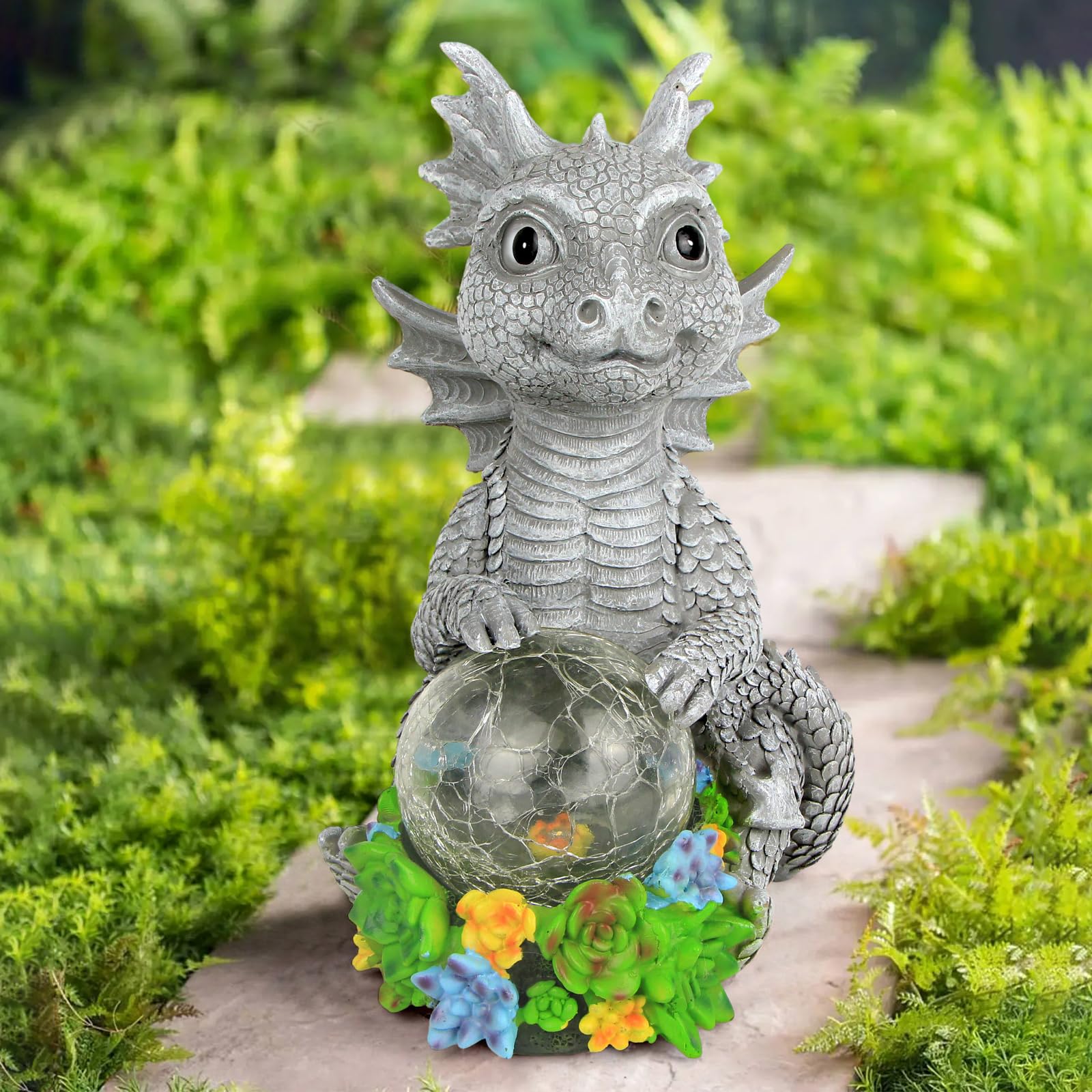 Solar LED Dragon Garden Statue Holding Magic Orb - Outdoor Lawn Decor for Patio, Balcony, Yard | Unique Gift for Mom & Grandma | Perfect for Nighttime Garden Lighting & Holiday Decorations