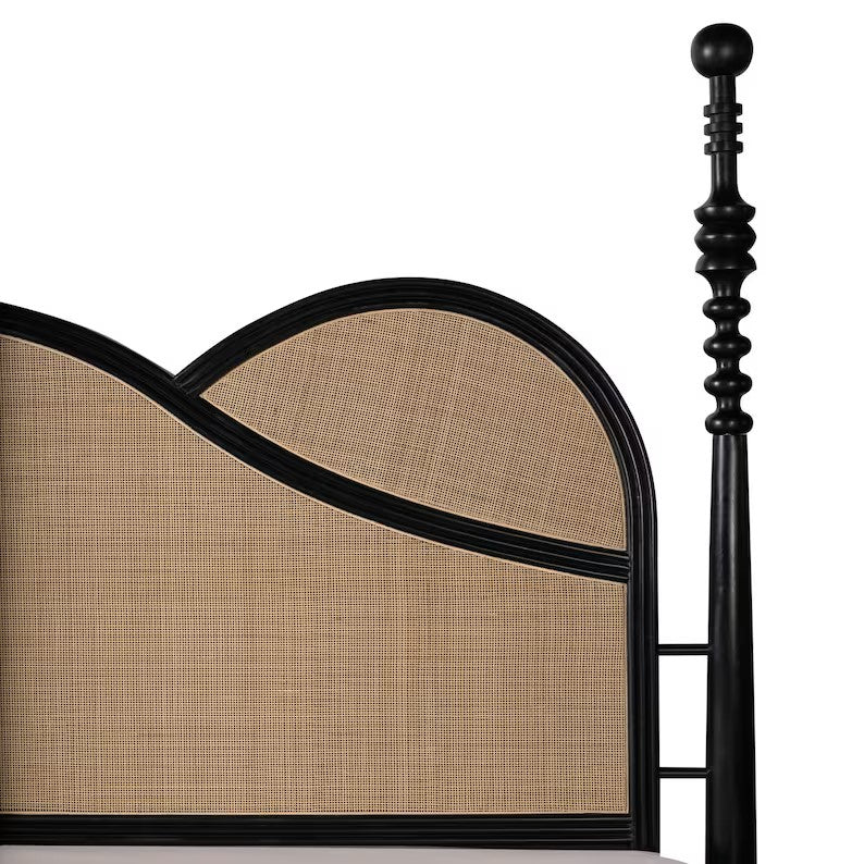 Hand Carved Indian Rattan Solid Mango Wood Poster Bed - Elegant Boho Bedroom Furniture for Master Suite & Guest Room Decor