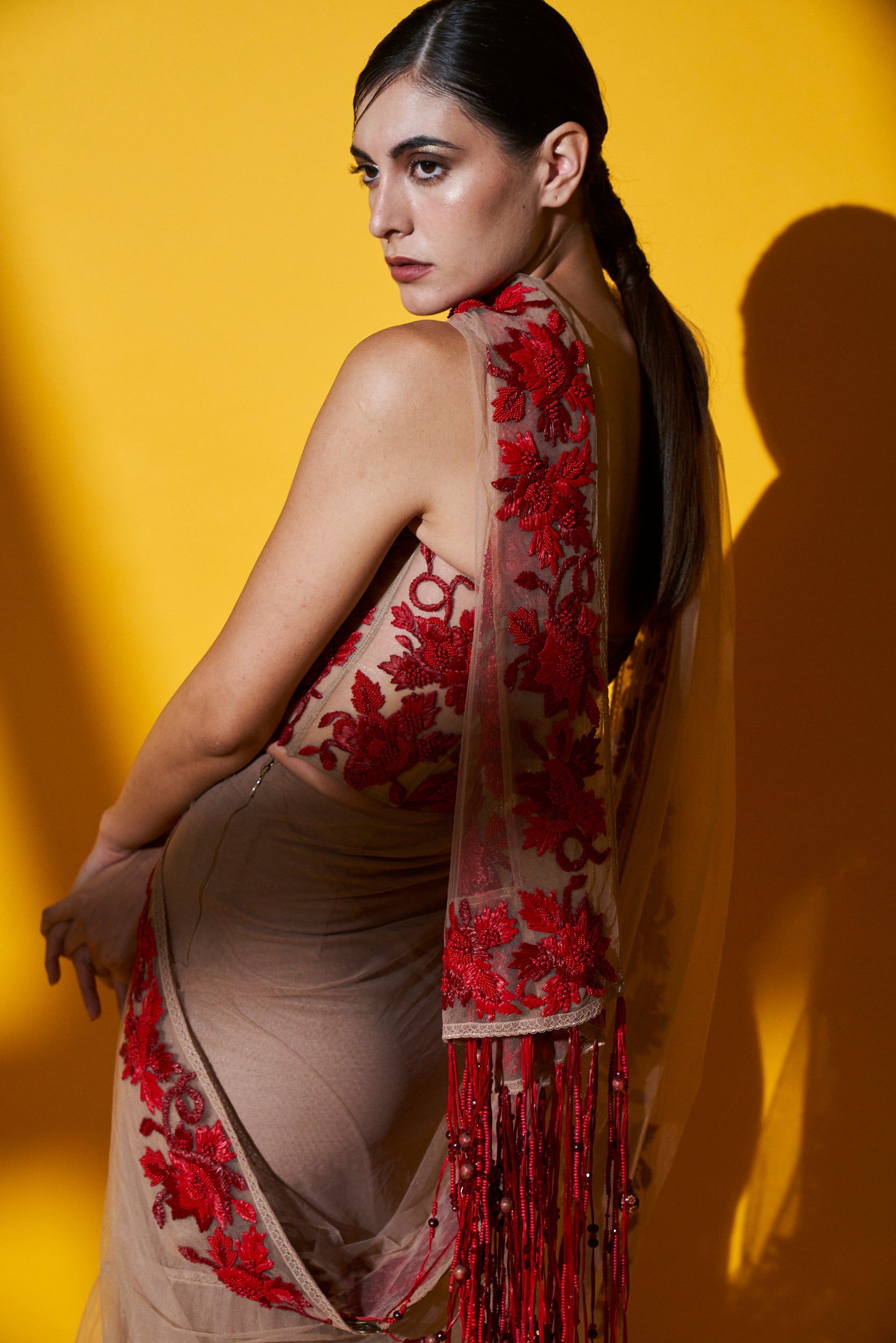 Elegant Blush Pink Pleated Saree with Corset Blouse & Red Raffia Embroidery - Perfect for Weddings, Parties and Special Occasions