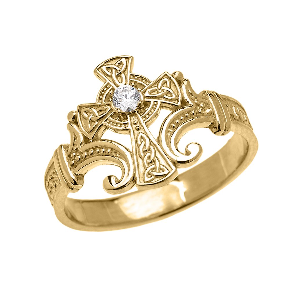 10K Yellow Gold Solitaire Diamond Celtic Cross Ring with Encrypted Prayer Blessings - Elegant Religious Jewelry for Women, Perfect for Baptism, Confirmation, Church & Daily Wear