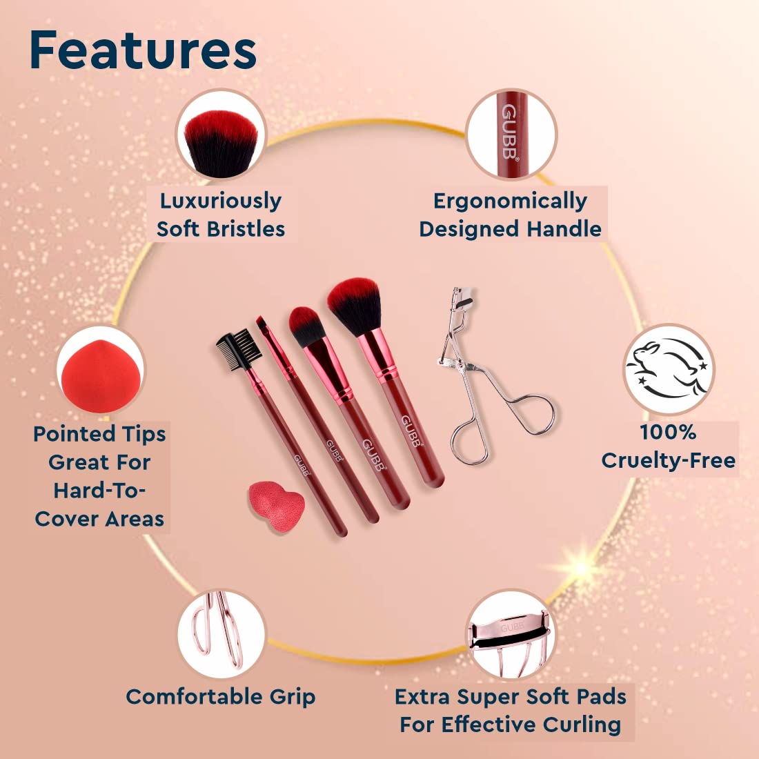GUBB Beauty Surprise Kit - 4 Professional Makeup Brushes Set (Powder, Foundation, Eyeliner & Eyebrow) with Beauty Blender & Eyelash Curler | Perfect for Makeup Artists & Beginners | Home & Travel Use
