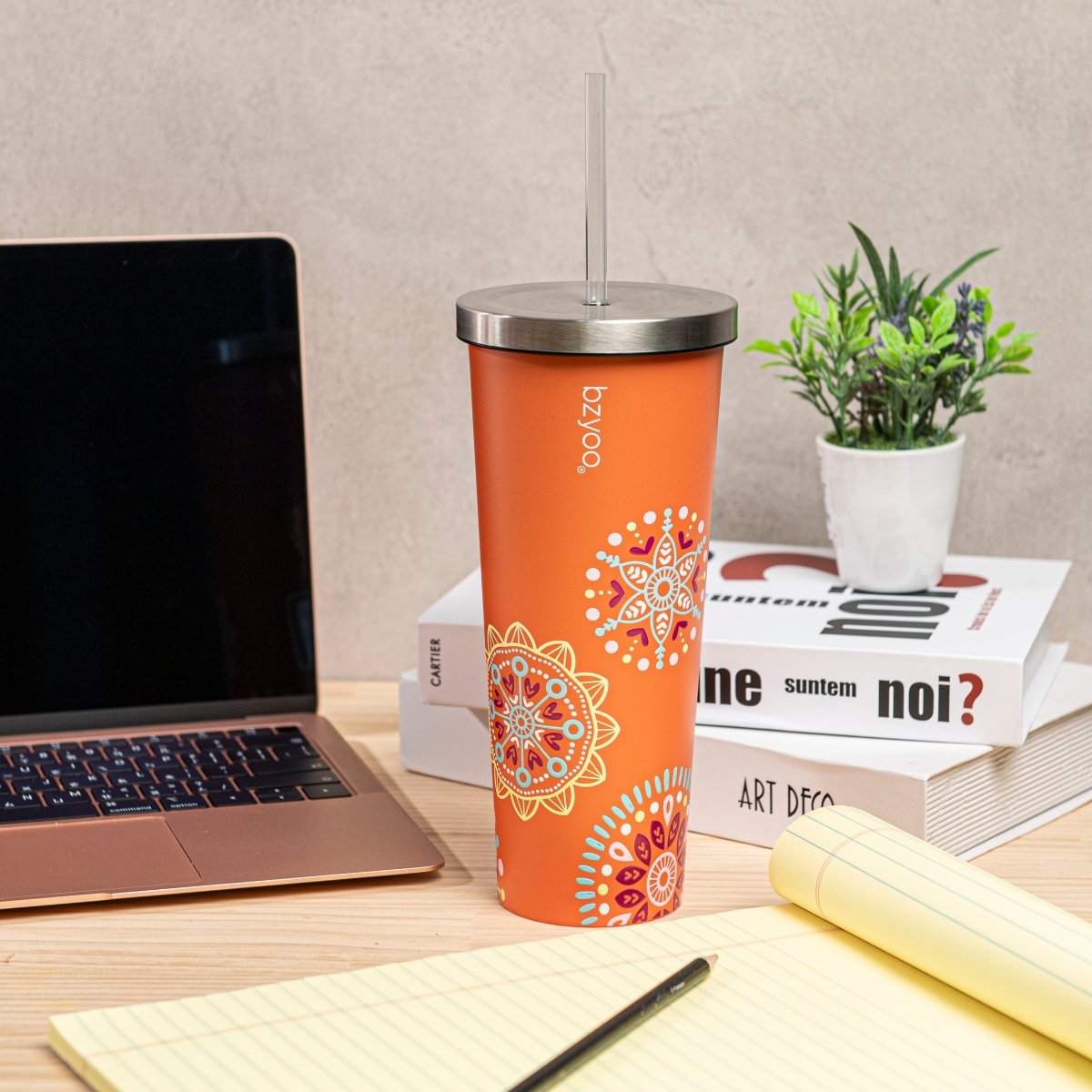 24oz Double Wall Vacuum Insulated Stainless Steel Tumbler with Straw Lid - Orange Madallion Design | Leakproof Travel Mug for Coffee, Tea & Cold Drinks | Perfect for Office, Gym & Outdoor Activities