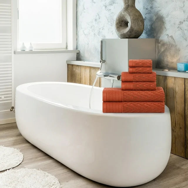 Premium 6-Piece Chevron Cotton Bath Towel Set - Soft, Absorbent & Quick-Drying - Perfect for Bathroom, Spa, Gym & Beach Use