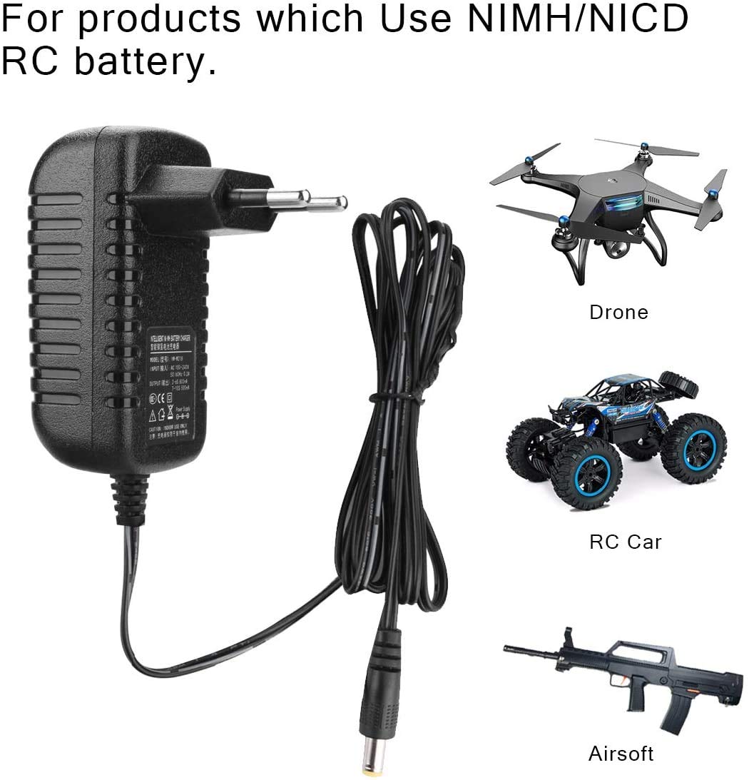 Universal NiMH/NiCd Battery Charger for RC Hobbies - 2-10S 500-800mA AC-DC Charger with 5 Converter Plugs | Perfect for Airsoft, RC Cars, Drones & Toy Battery Packs