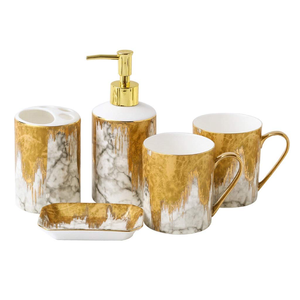 Vintage Ceramic Bathroom Accessories Set - 5 Piece Hand-Painted Gold Soap Dispenser, Toothbrush Holder, Tumbler & More | Refillable Lotion Bottle | Elegant Vintage Decor for Modern Bathroom, Powder Room & Guest Bath