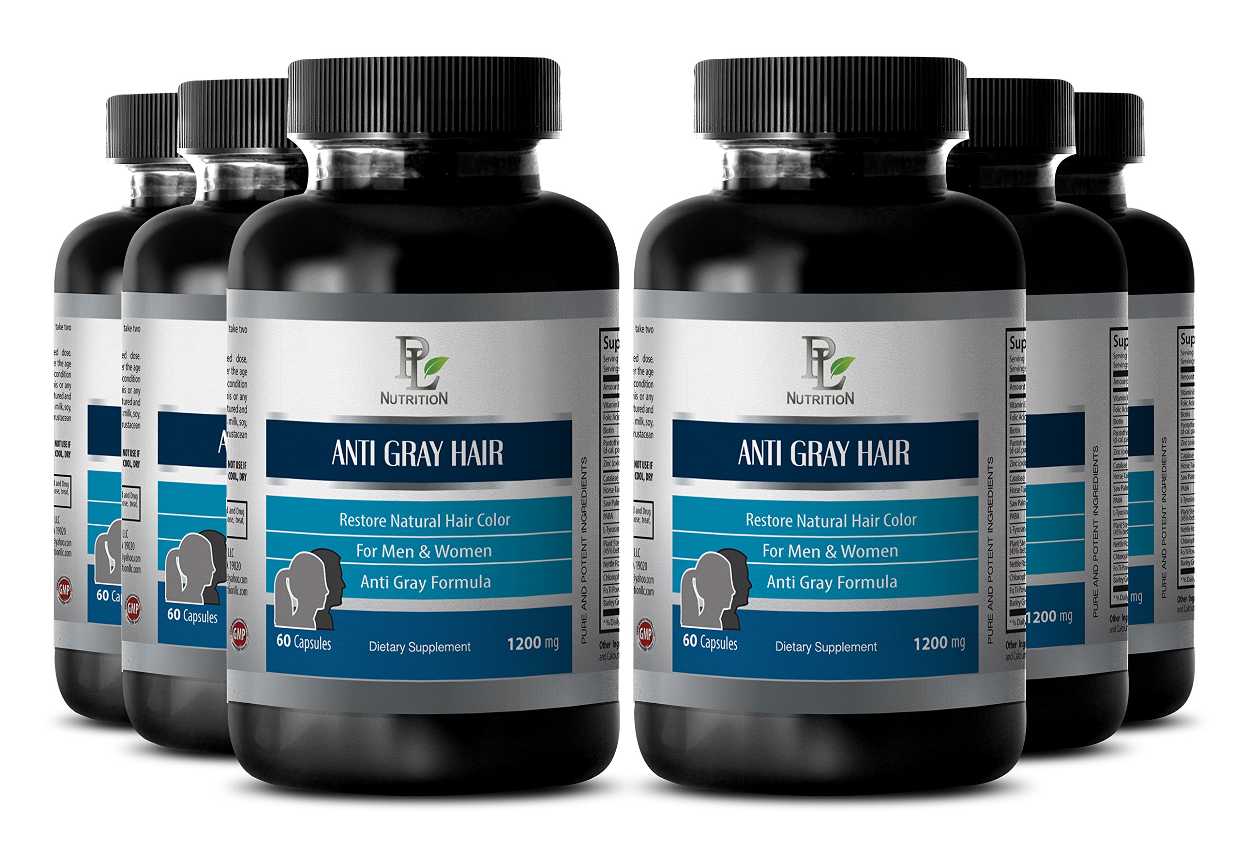 Anti Gray Hair Natural Complex 1200mg with Chlorophyll & Zinc - Hair Health Supplement (6 Bottles, 360 Capsules) - Promotes Youthful Hair Color & Strength for Men & Women
