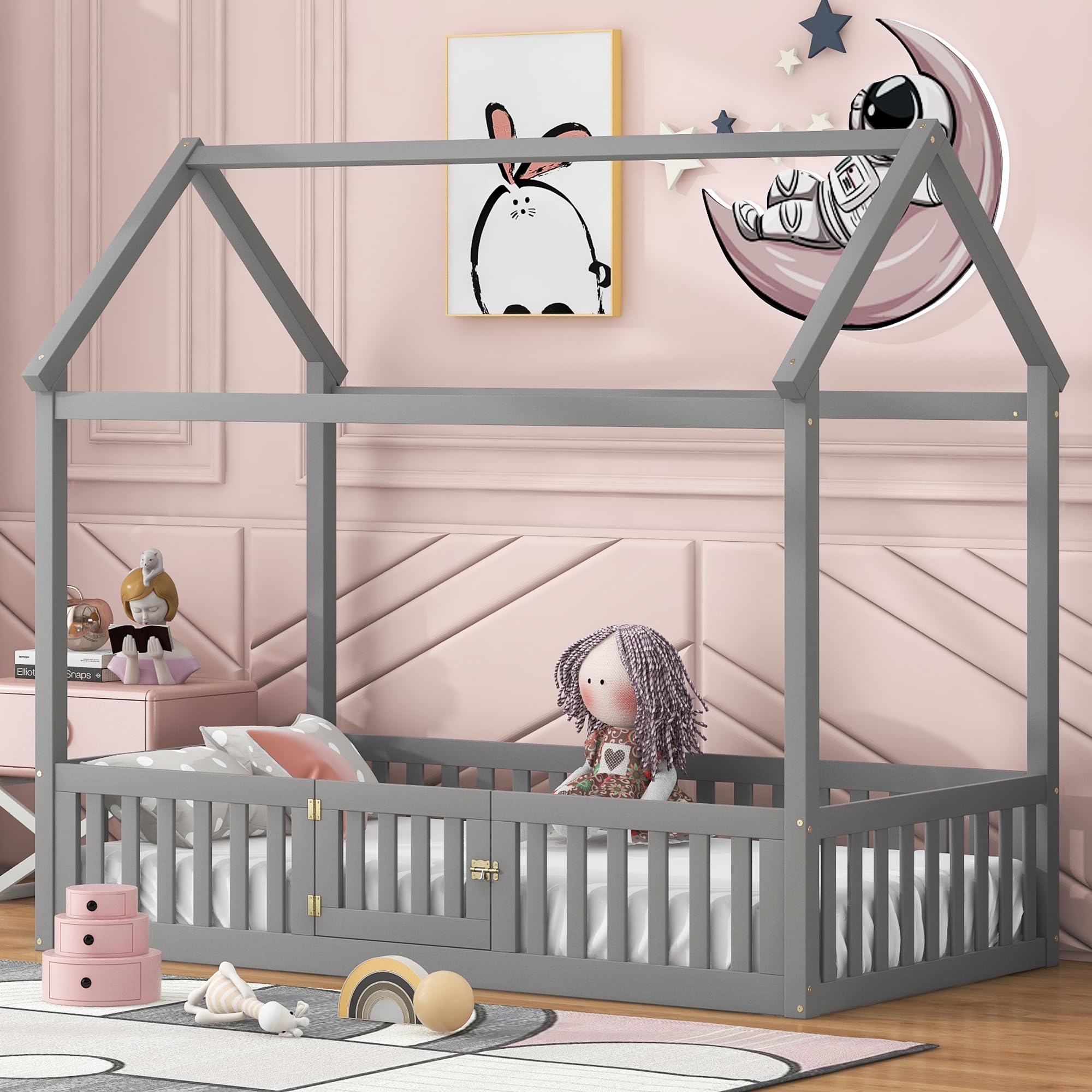 Montessori Twin Size Wooden Floor Bed with Fence & Door - Playhouse Style Bed Frame for Kids, Teens, Boys & Girls (Gray) - Perfect for Playrooms, Bedrooms & Montessori Learning Spaces