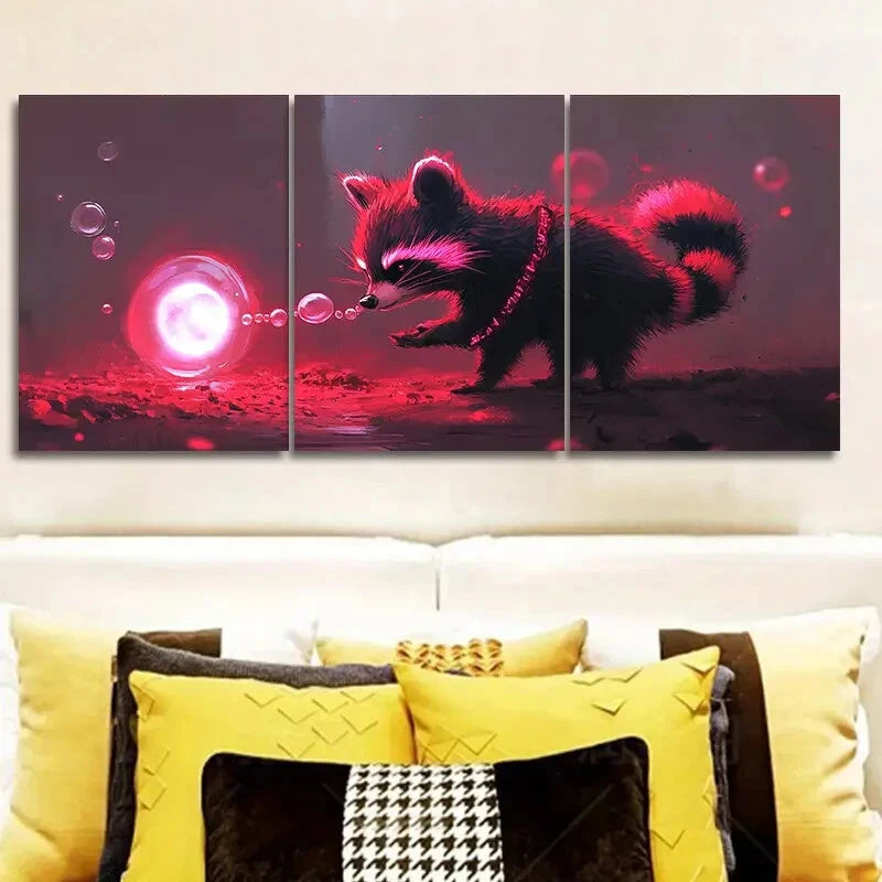 3pcs Magical Raccoon Art Painting - Metal Print Wall Decor Ready to Hang - Perfect for Living Room, Bedroom & Office Decor