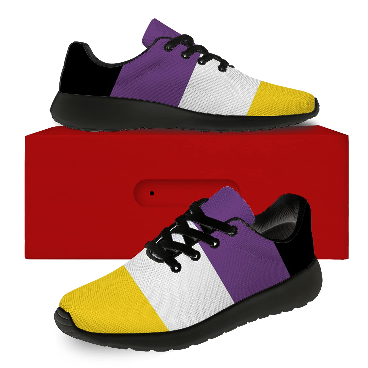 **Unisex LGBTQ+ Pride Running & Walking Shoes - Nonbinary Flag Design - Comfortable Tennis Sneakers for Men, Women & Nonbinary - Size 11.5 Men/14 Women - Black - Perfect for Pride Events, Workouts & Daily Wear**