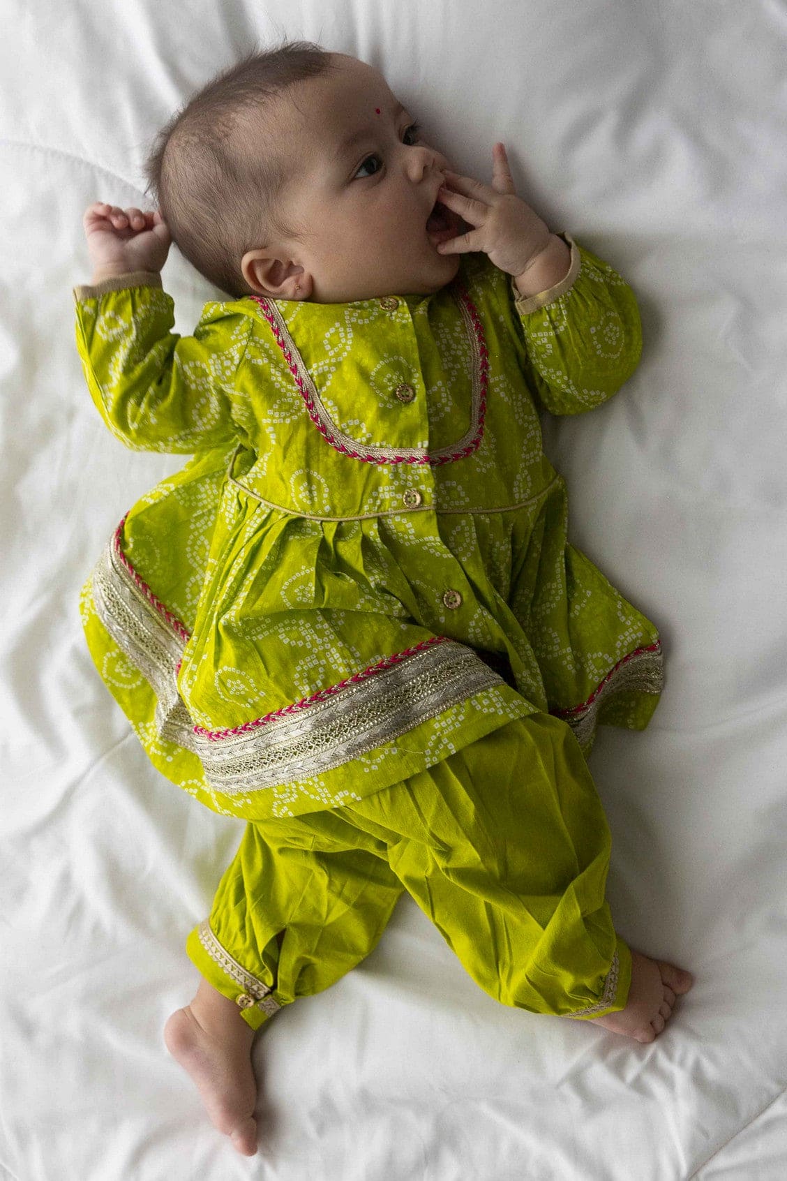 Pre Order: Baby Girl Bandhani Cotton Angrakha Suit Set - Green | Traditional Indian Ethnic Outfit for Festivals & Special Occasions