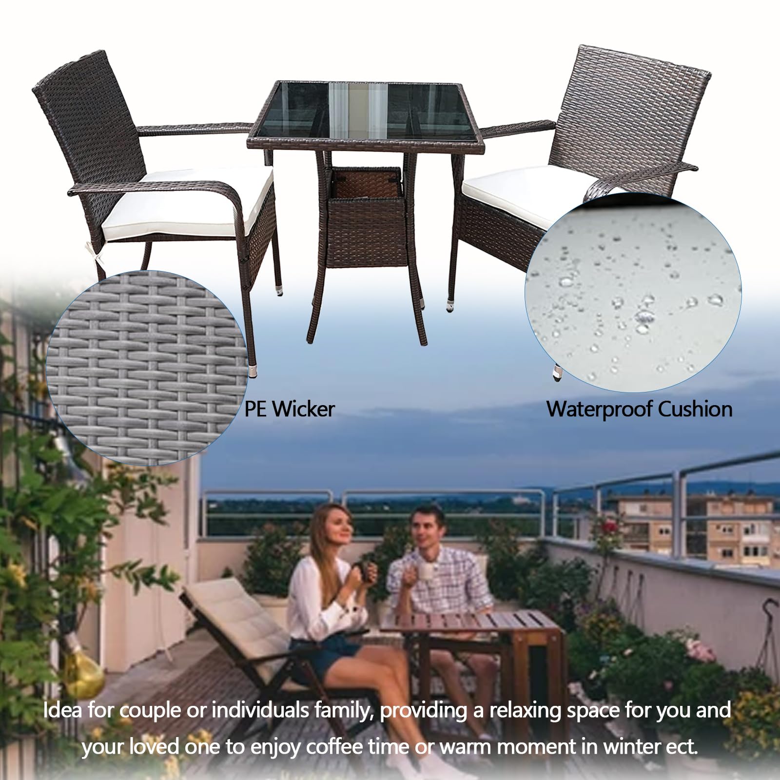 2-Person Outdoor Bistro Table Set - Weather-Resistant Wicker Patio Dining Table & Chairs for Balcony, Deck, Garden, Lawn & Small Spaces - Perfect for Couples, Coffee Dates & Al Fresco Dining