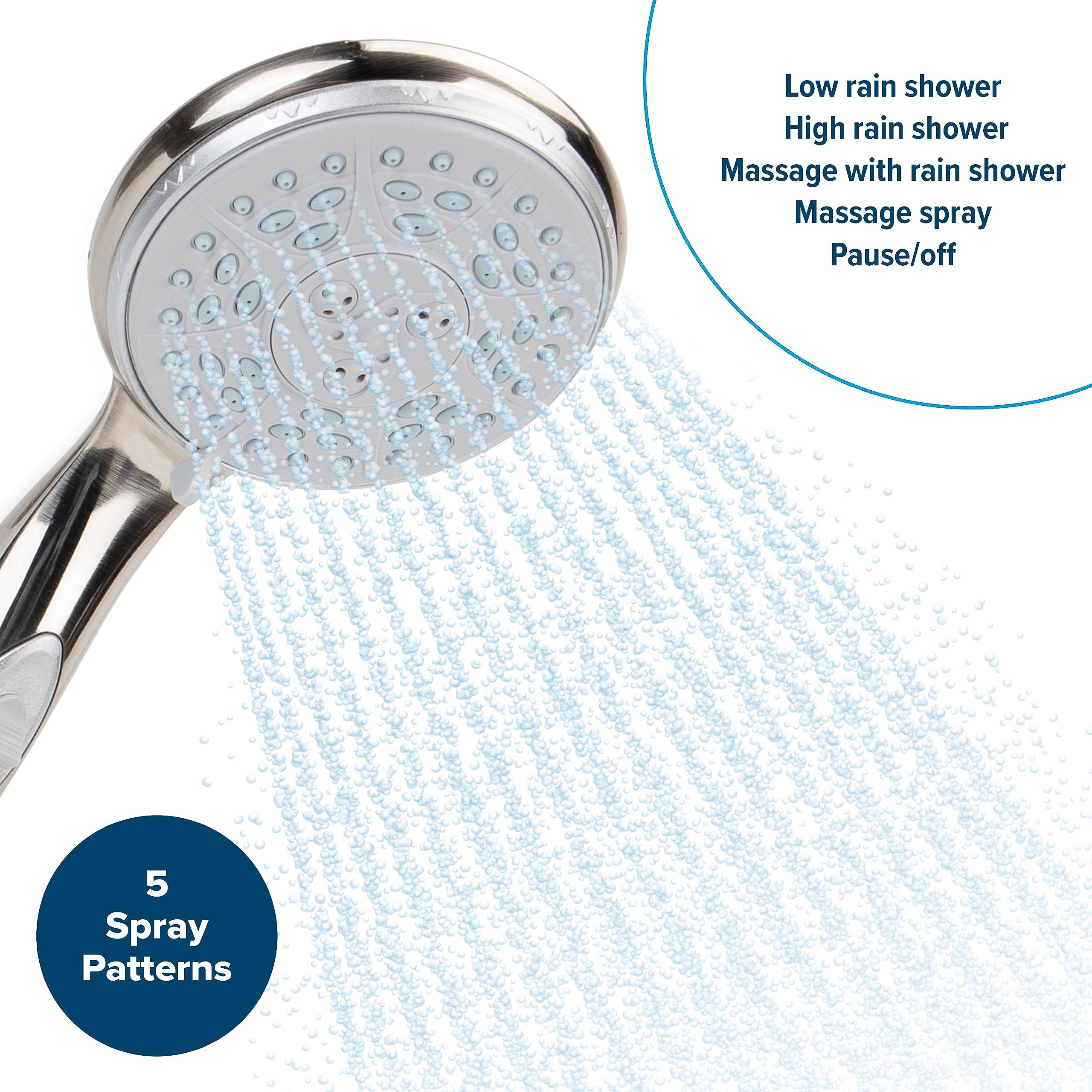 Camco Complete RV/Marine Shower Head Kit with On/Off Switch - 5 Adjustable Spray Patterns, Brushed Nickel Finish (43747) | Water Saving Shower for RV, Boat & Tiny Homes