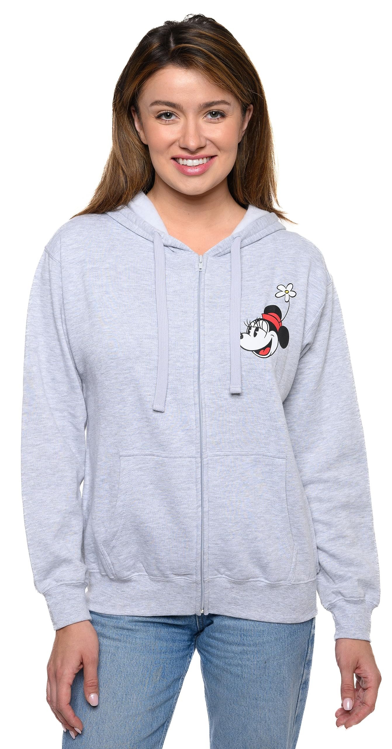 Disney Women's Mickey & Minnie Mouse Print Zip Up Hoodie - Cozy Fleece Pullover for Casual Wear & Disney Theme Park Outfits