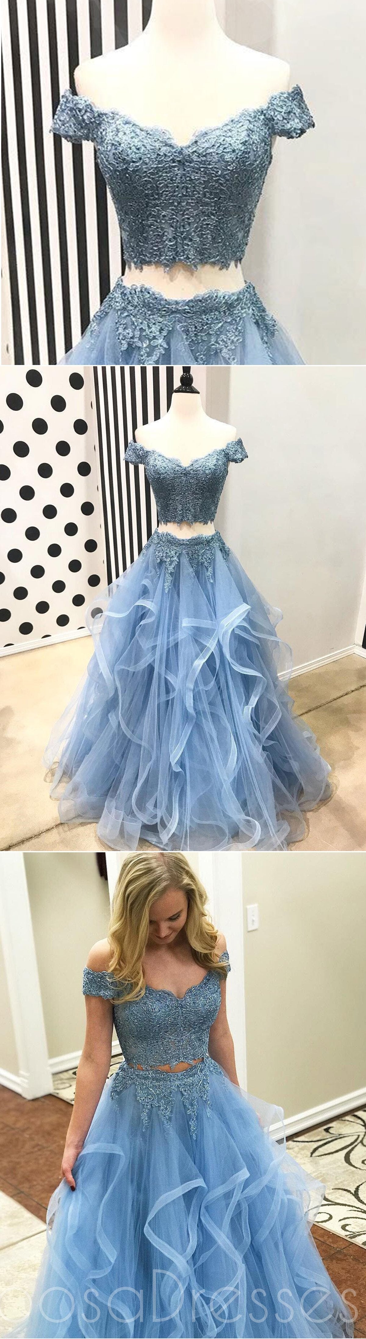 Elegant Off Shoulder Short Sleeve Lace Two-Piece Prom Dress - Light Blue Evening Gown for Formal Events, Parties & Special Occasions
