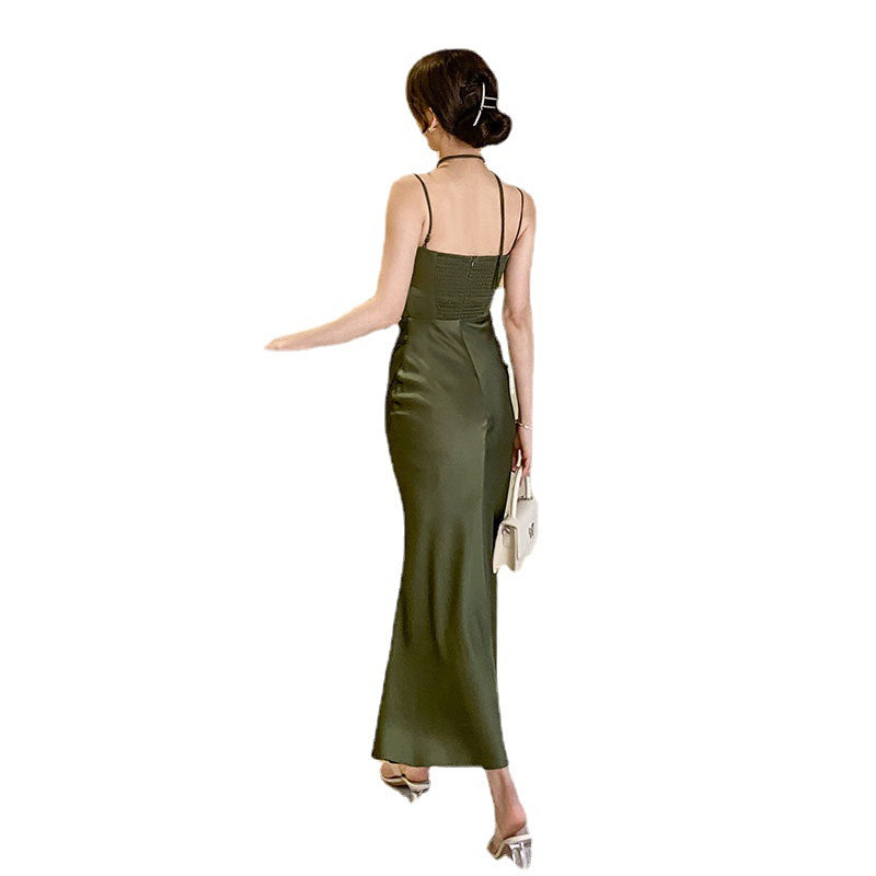 Elegant Green Satin Spaghetti Strap Long Dress for Women - 2023 Summer Fashion - Perfect for Weddings, Parties & Evening Events