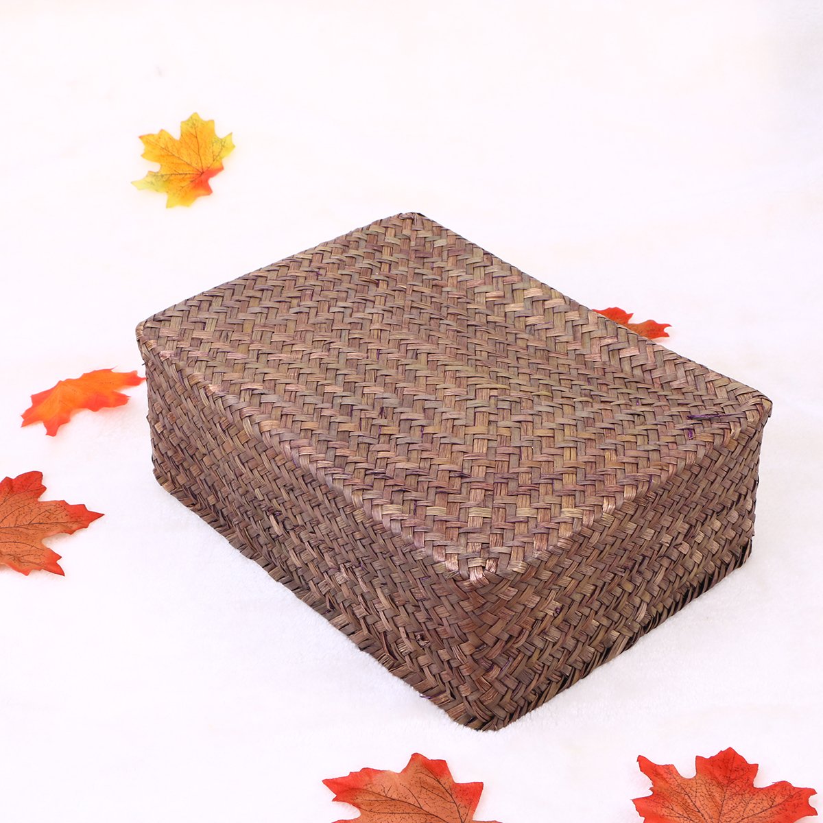 Stackable Wicker Makeup Organizer Drawer with Lid - Rectangular Seagrass Storage Baskets for Cosmetics | Desktop Woven Box for Beauty Products & Office Supplies