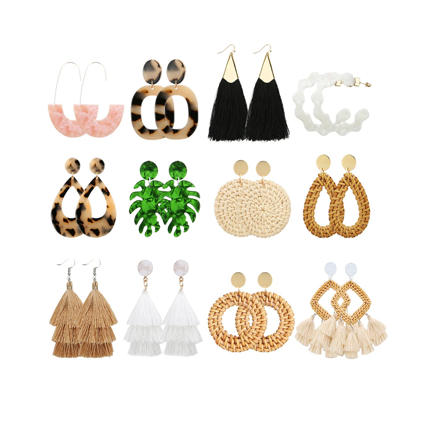 12 Pairs Lightweight Acrylic Boho Tassel Earrings for Women - Trendy Rattan Statement Earrings Set for Party, Wedding & Everyday Wear