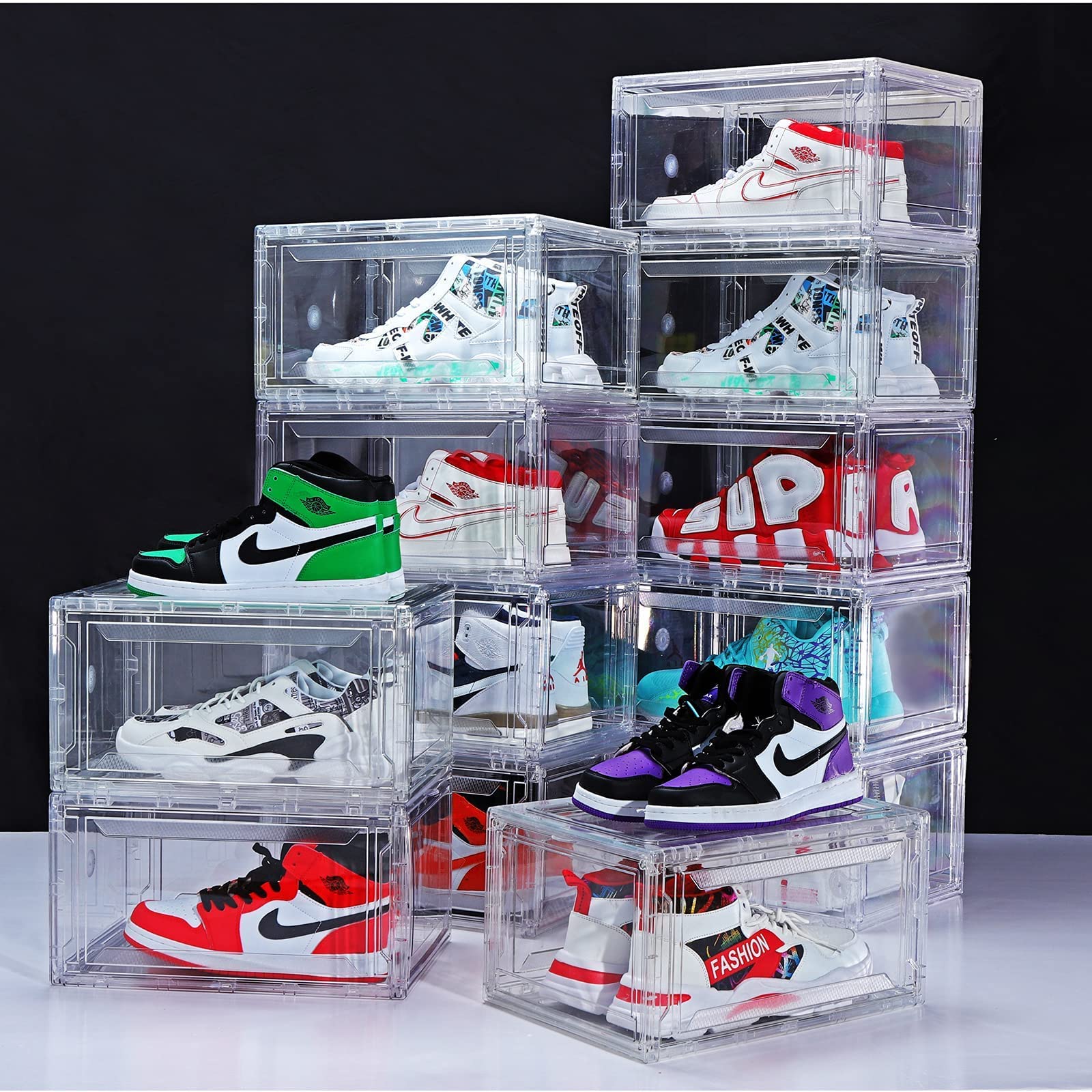 12 Pack Clear Acrylic Plastic Shoe Storage Boxes - Stackable, Foldable Drop Front Design with Lids - Fits Up to Size 15 Shoes - Space Saving Organizer for Closet, Bedroom & Entryway (Transparent)