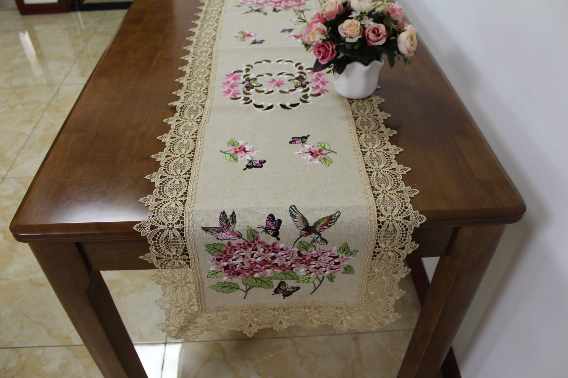 AMT Floral Venice Lace Embroidered Linen Tablecloth & Table Runner Set - Elegant Cross Stitch Beige/White (16x52 Inches) for Dining Table, Wedding Decor, and Home Dresser Scarf