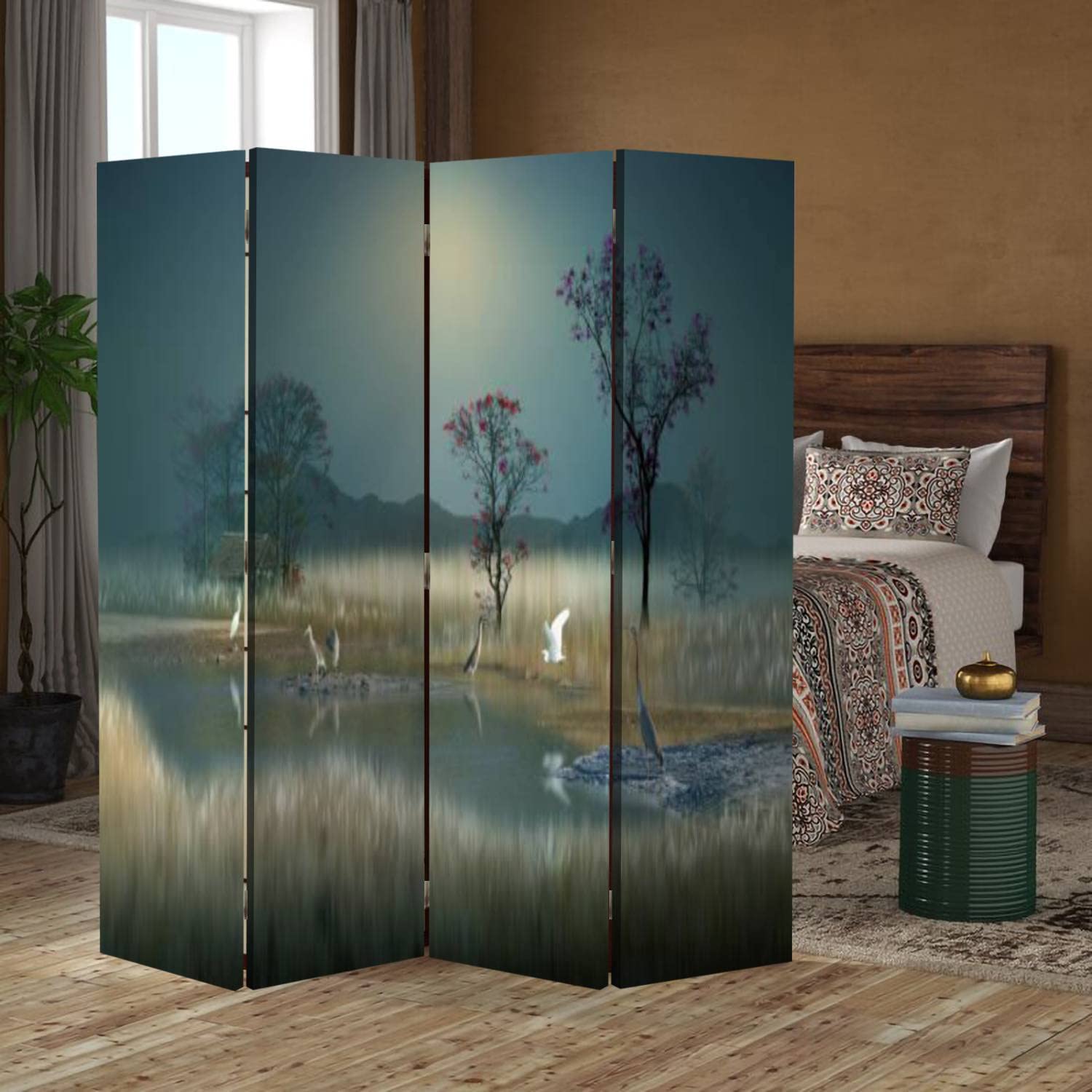 Wooden Room Divider Folding Screen - 4 Panel Canvas Privacy Partition with Dual-Sided Design for Home & Office - Creates Peaceful Atmosphere - Indoor Display Shelves - Multicolor - Perfect for Living Room, Bedroom, Yoga Studio and Meditation Space