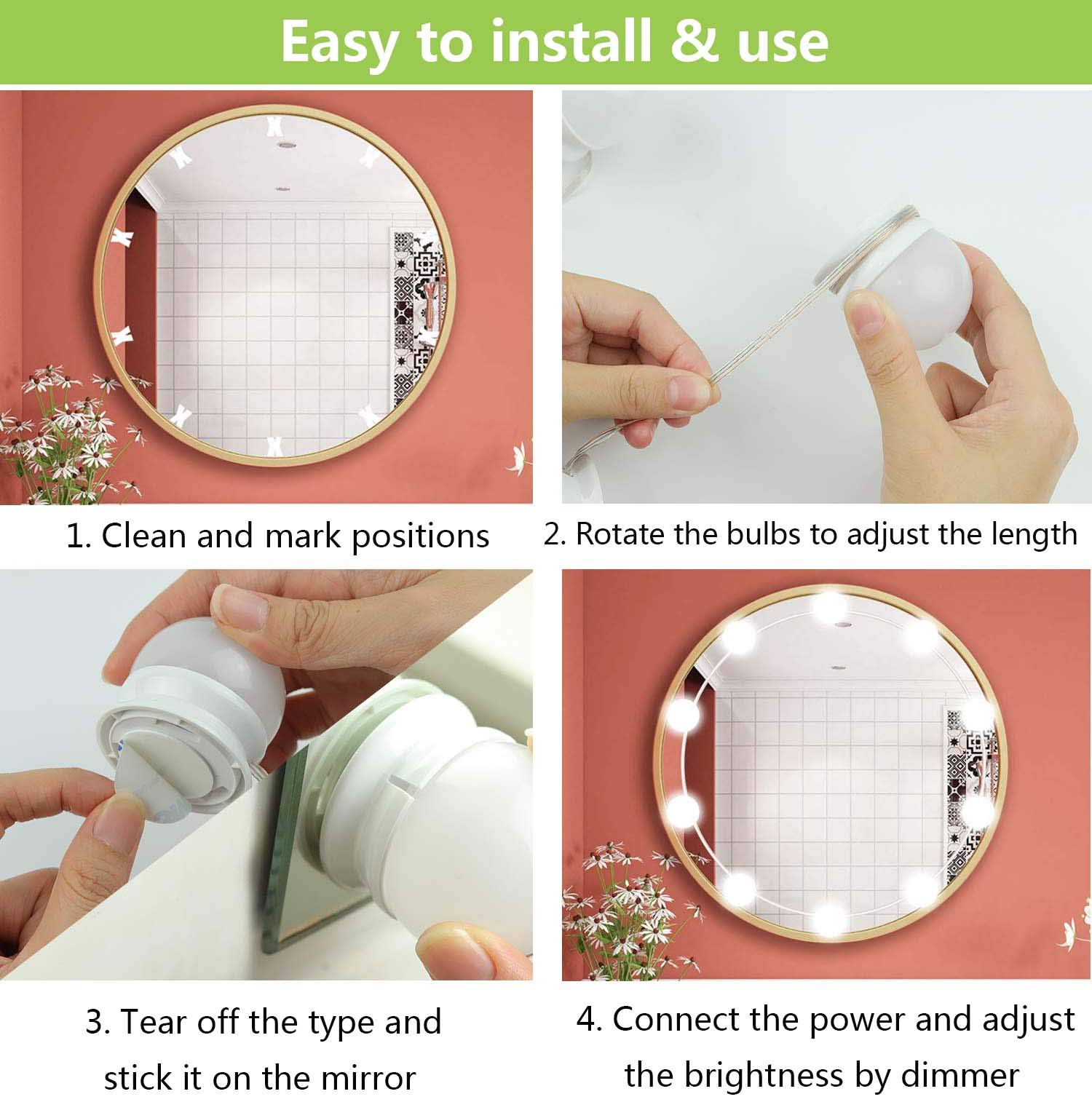 Hollywood LED Makeup Mirror Lights - 10 Dimmable Bulbs, 3 Color Modes for DIY Vanity & Bathroom Lighting
