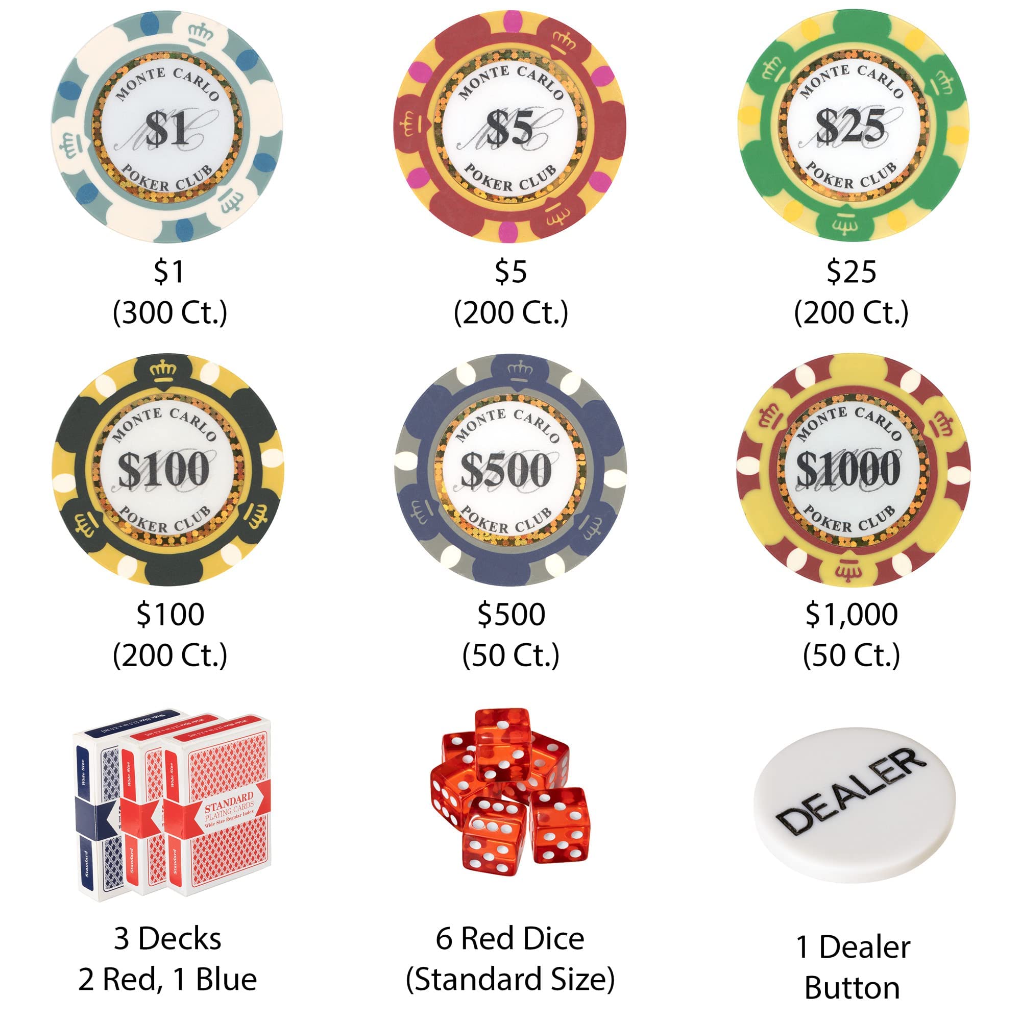 Brybelly 14 Gram 1000 Count Poker Chips Set - Monte Carlo Style 14G Clay Composite Casino Chips with Aluminum Case, Playing Cards & Dealer Button - Perfect for Texas Hold'em, Blackjack, Home Poker Nights & Casino Party Games | Durable Poker Accessories for Game Nights & Professional Play