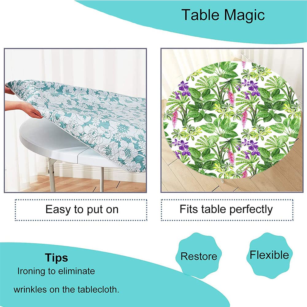 Waterproof Round Tablecloth with Elastic Edge - Tropical Palm Leaves Design for 52 Inch Dining Tables, Buffet Parties & Camping | Wipeable, Durable & Perfect for Outdoor/Indoor Use