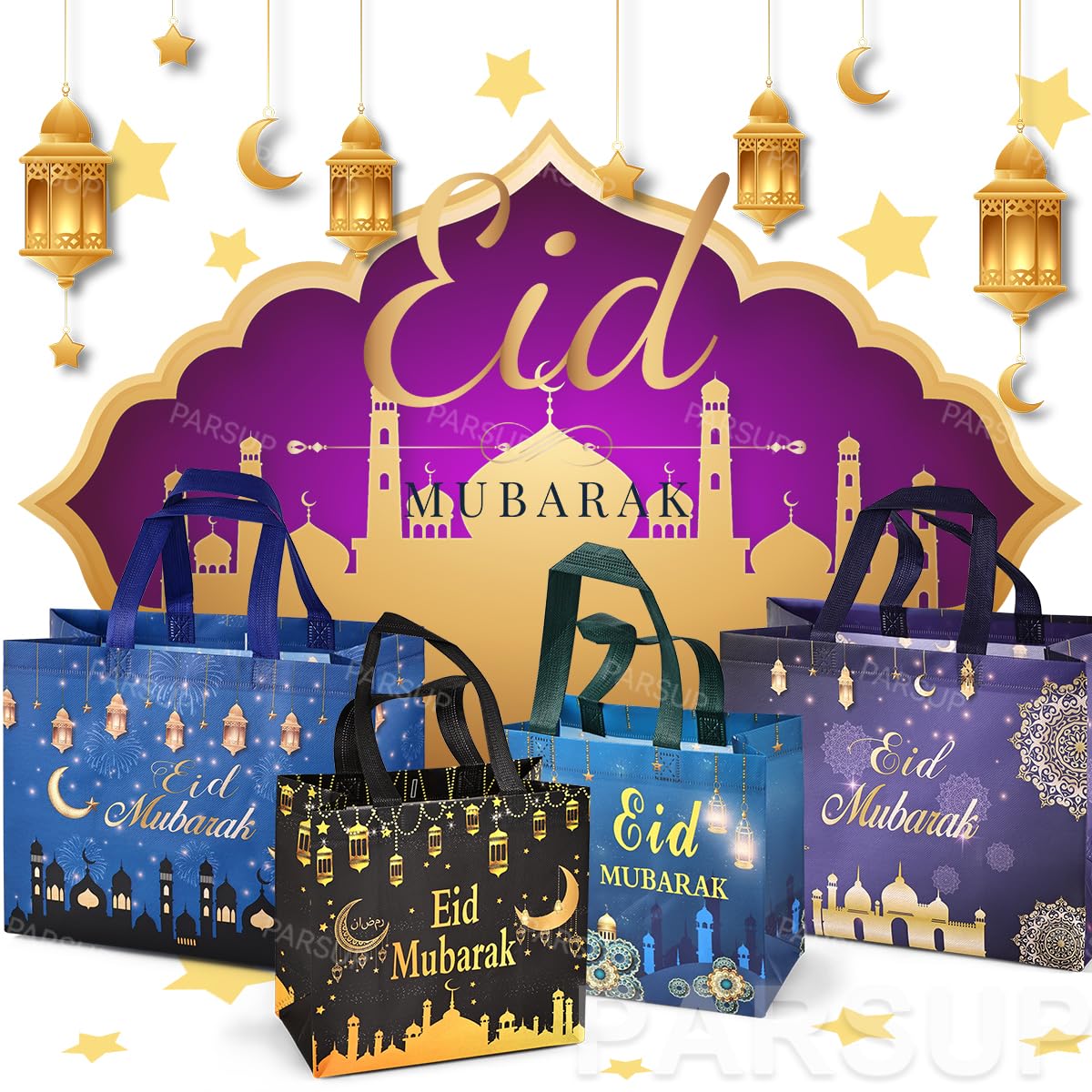 PARSUP 4PCS Reusable Eid Gift Bags with Handles - Assorted Sizes, Islamic Design, Durable Non-Woven Fabric - Perfect for Eid al-Fitr, Ramadan Gifts, Party Favors & Special Occasions