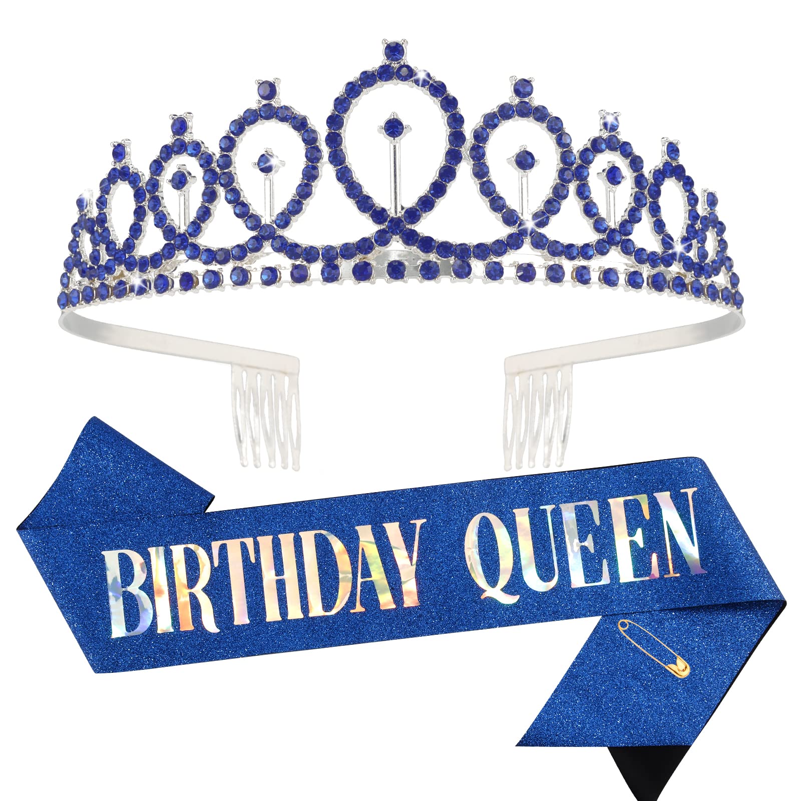 CIEHER Birthday Queen Sash & Crystal Crown Set for Women - Sparkling Rhinestone Tiara & Glitter Sash Kit for Birthday Parties, Bachelorette, Pageants & Special Events (Blue)