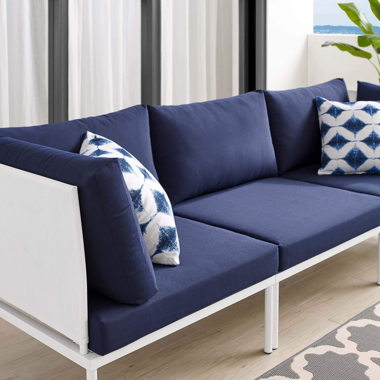 Modway EEI-4967-WHI-NAV Harmony Outdoor Patio Aluminum Sofa Set - White & Navy Blue Weather-Resistant Furniture for Backyard, Poolside & Garden Relaxation