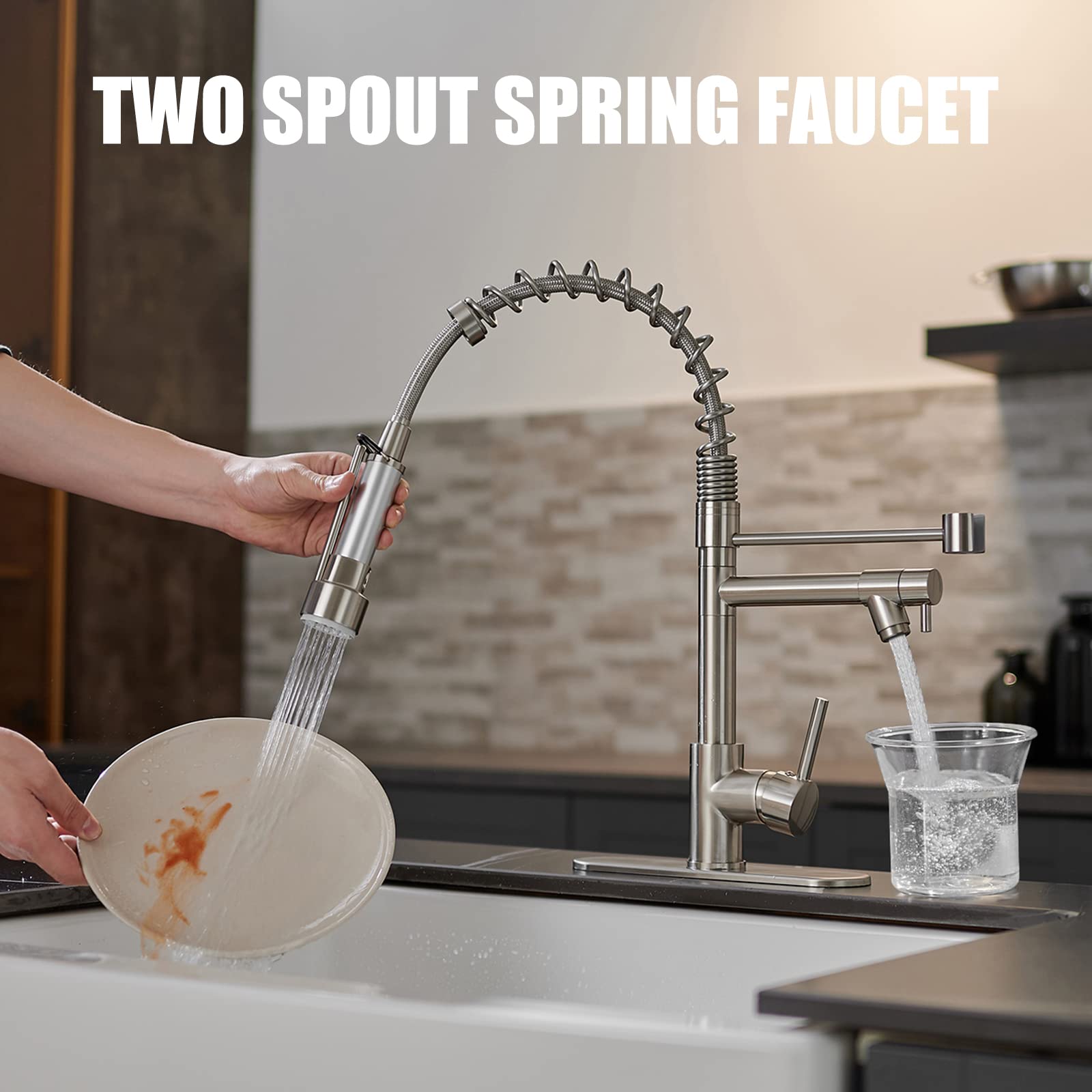 Brushed Nickel Single Handle Modern Kitchen Faucet with Pull Down Sprayer and Dual Spout - Commercial Grade Spring Faucet for Sink with Deck Plate - Perfect for Home Kitchen, Restaurant, and Commercial Use