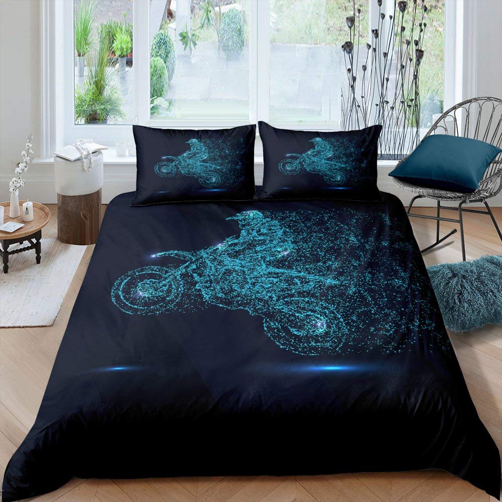 Motocross Duvet Cover Twin Size - Boys Dirt Bike Bedding Set with Blue Tie Dye Design for Kids, Teens & Adults | Motorbike Sport Game Comforter Cover | Motorcycle Extreme Sport Quilt Cover for Bedroom Decor | Perfect for Motocross Fans' Rooms, Dorm Decor, and Gift Ideas