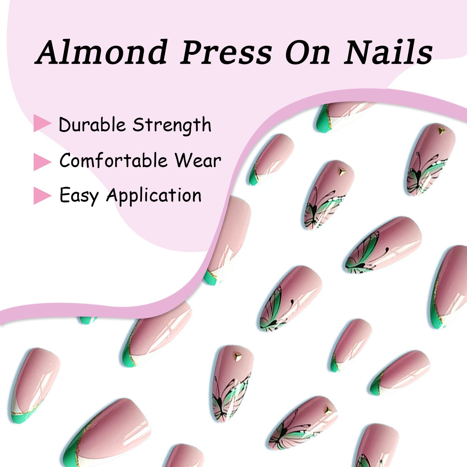 Butterfly Press on Nails - Almond Medium Length Fake Nails with French U-Shaped White Green Acrylic Design & Rhinestones - 24Pcs Full Cover Glue on Nails for Women & Girls - Perfect for Parties, Weddings, and Special Occasions
