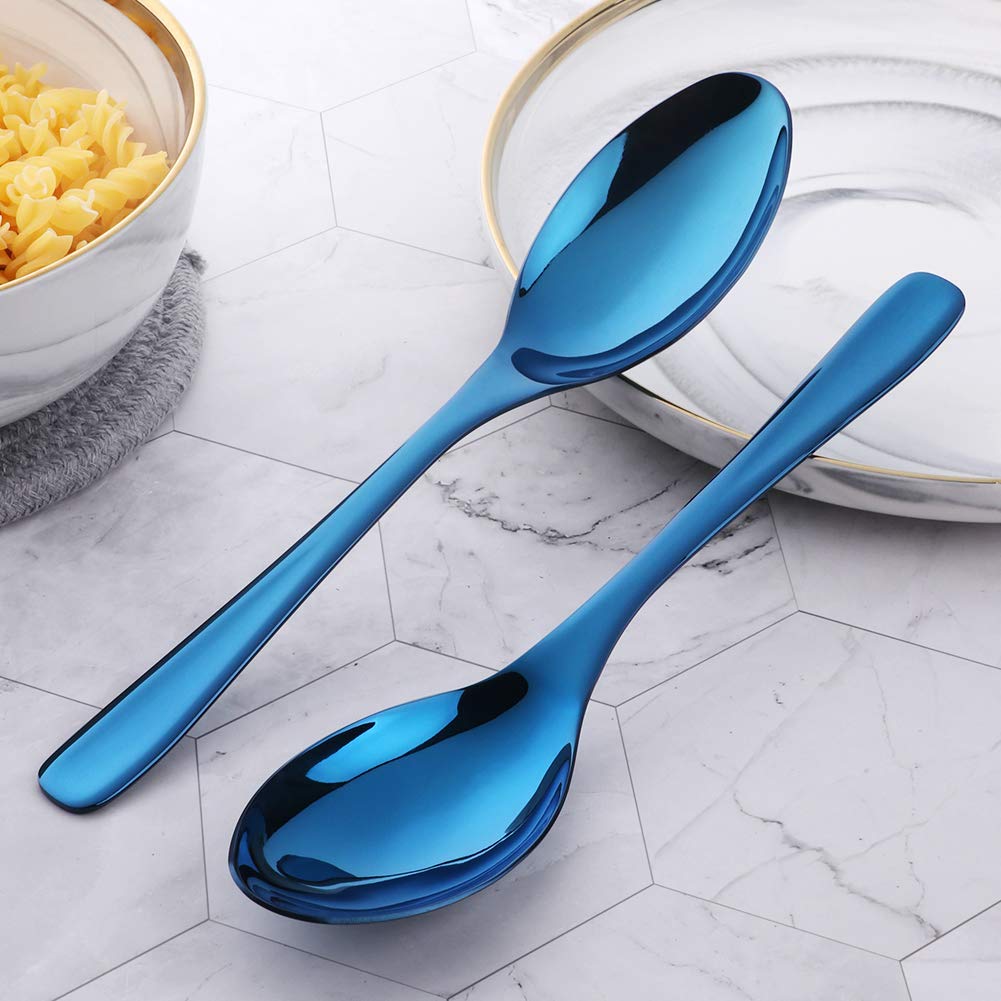 Premium Stainless Steel Buffet Serving Spoons Set of 2 - 10 Inch Blue Plated Salad Servers, Dishwasher Safe Large Utensils for Parties, Catering & Home Dining