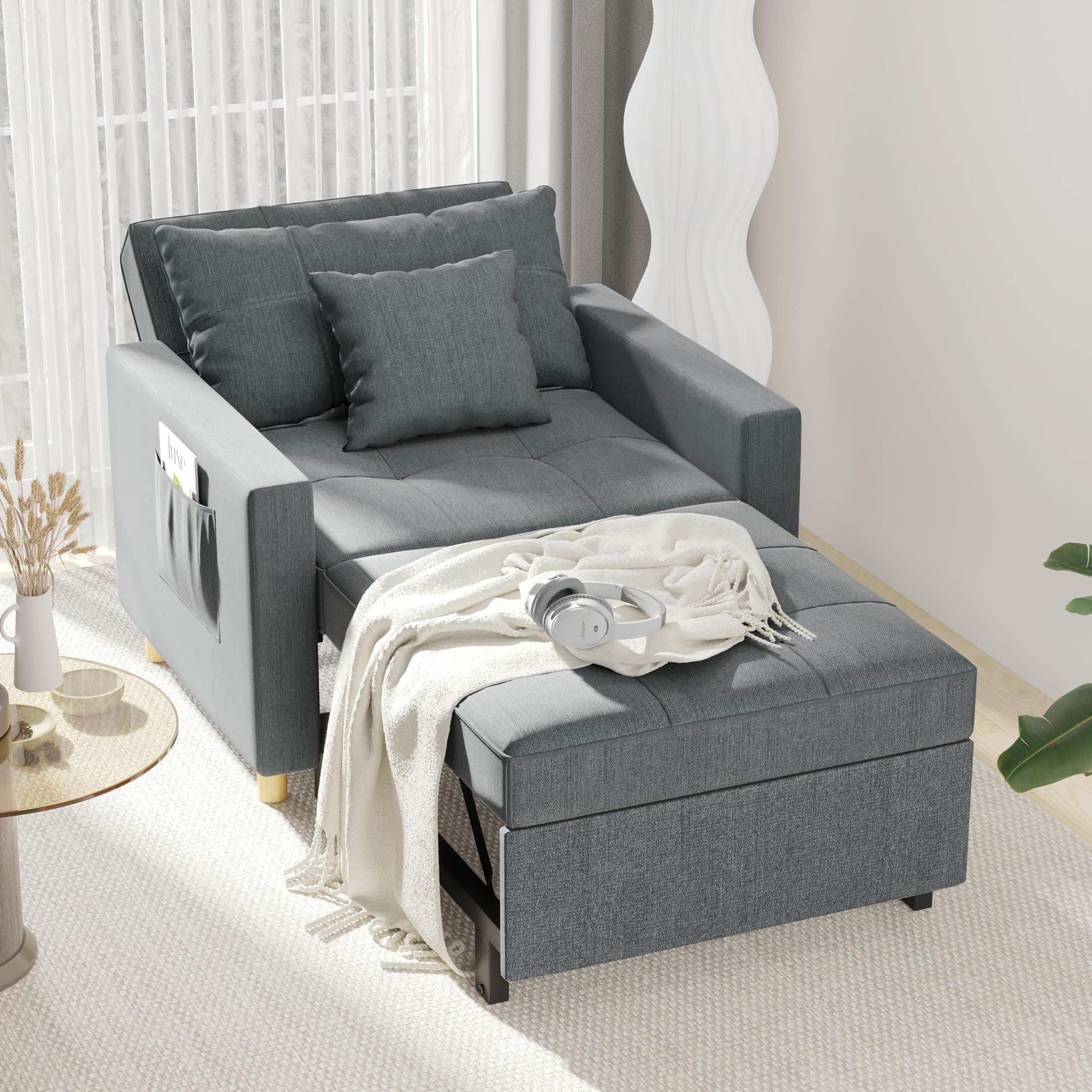 Esright 3-in-1 Convertible Sleeper Chair with Adjustable Backrest - Memory Foam Pull Out Sofa Bed with 2 Pillows & Side Pocket - Space Saving Armchair for Small Apartments, Office, Guest Room (Dark Grey) | Perfect for Overnight Guests, Nap Time & Compact Living Spaces