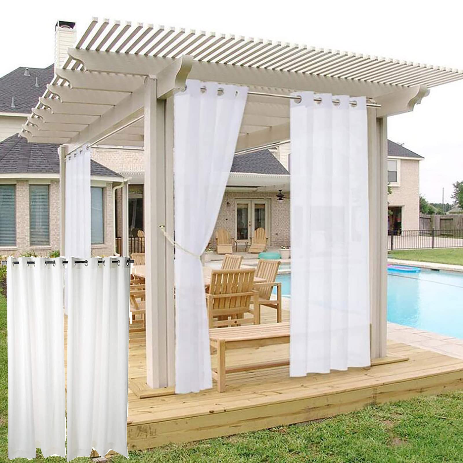 Waterproof Indoor/Outdoor Curtains - 52x84 Inch White Smooth Fabric Shade Curtains for Patio, Gazebo, Pergola & Front Porch - UV Protection & Weather Resistant for Outdoor Living Spaces & Home Decor
