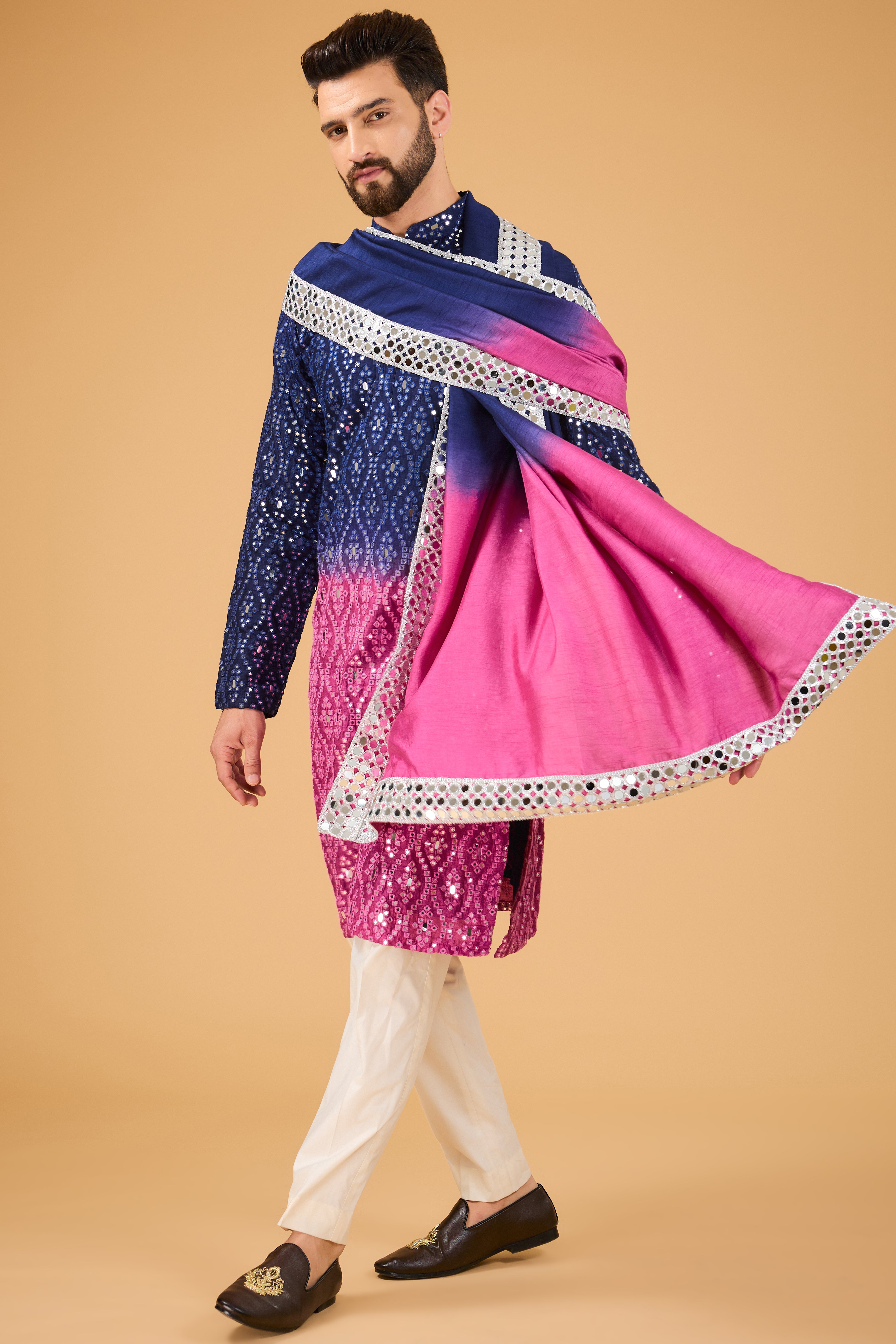 Midnight Blue Fuchsia Pink Ombre Mirror Work Kurta with Stole - Elegant Indian Ethnic Wear for Festivals, Weddings & Special Occasions