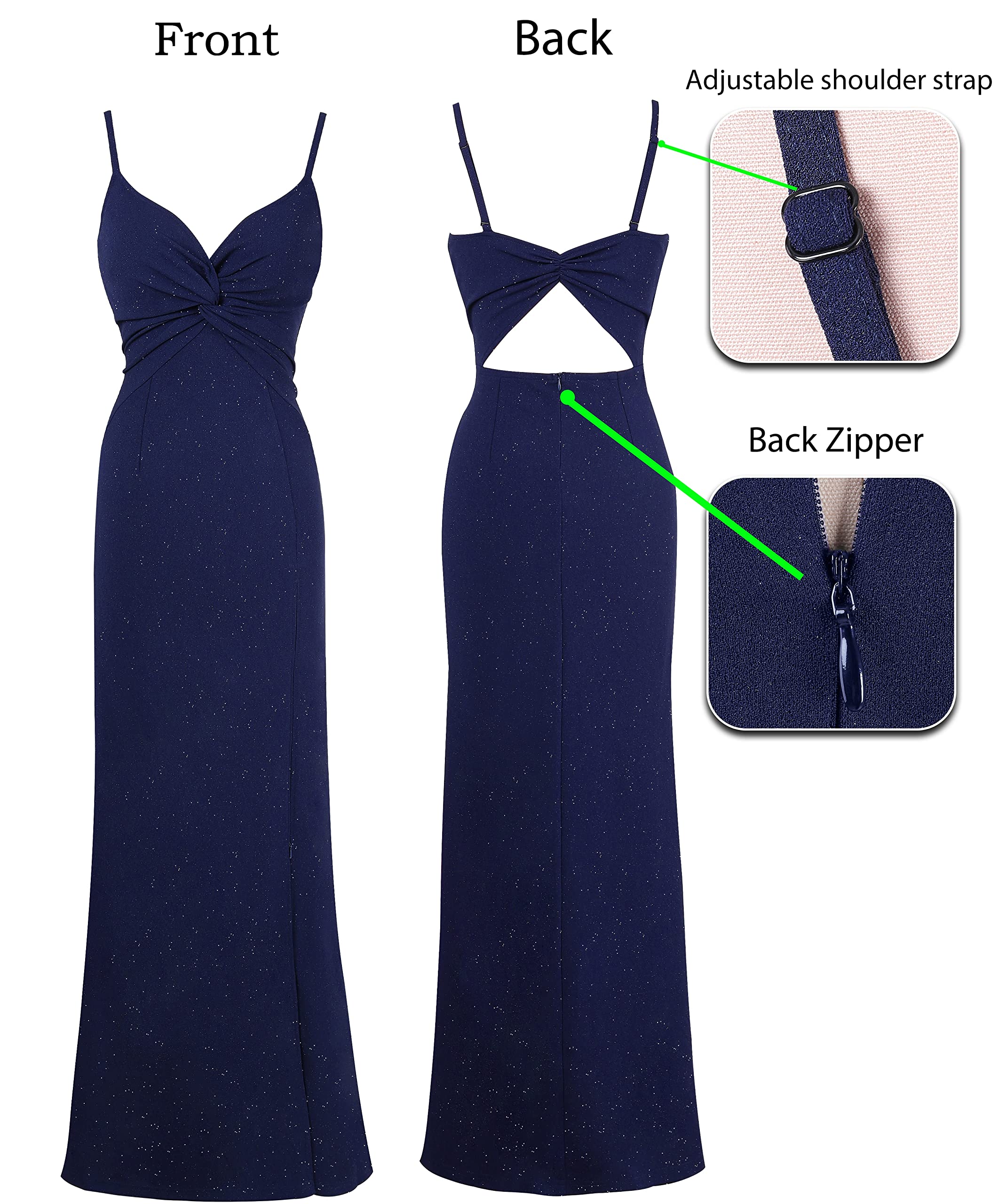 VFSHOW Women's Glitter Spaghetti Strap Twist V-Neck Backless Zipper High Slit Formal Evening Gown Prom Maxi Dress for Party, Wedding, Gala & Special Occasions