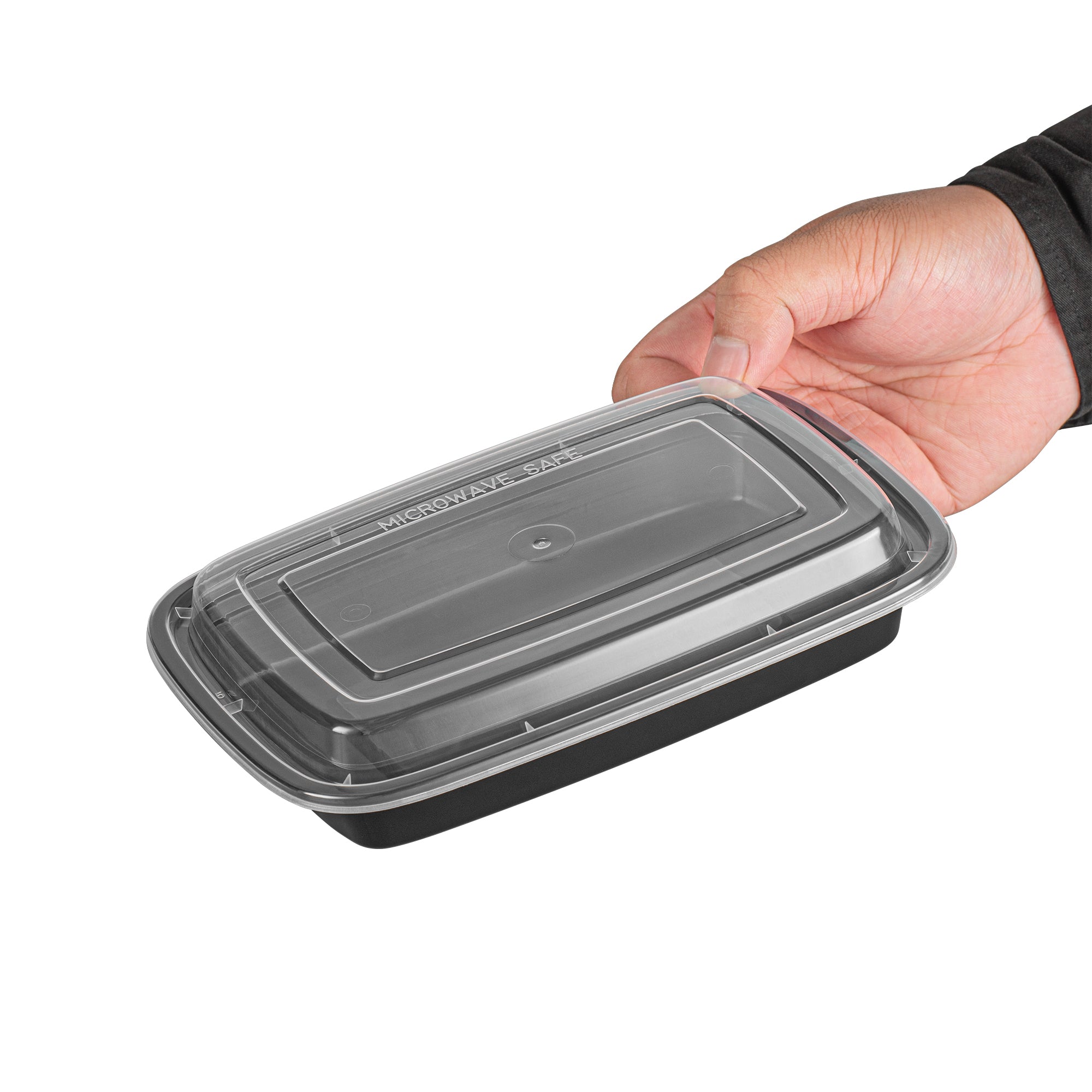 16 oz Black Rectangle Plastic Food Storage Container with Clear Lid - Microwave Safe (7.75