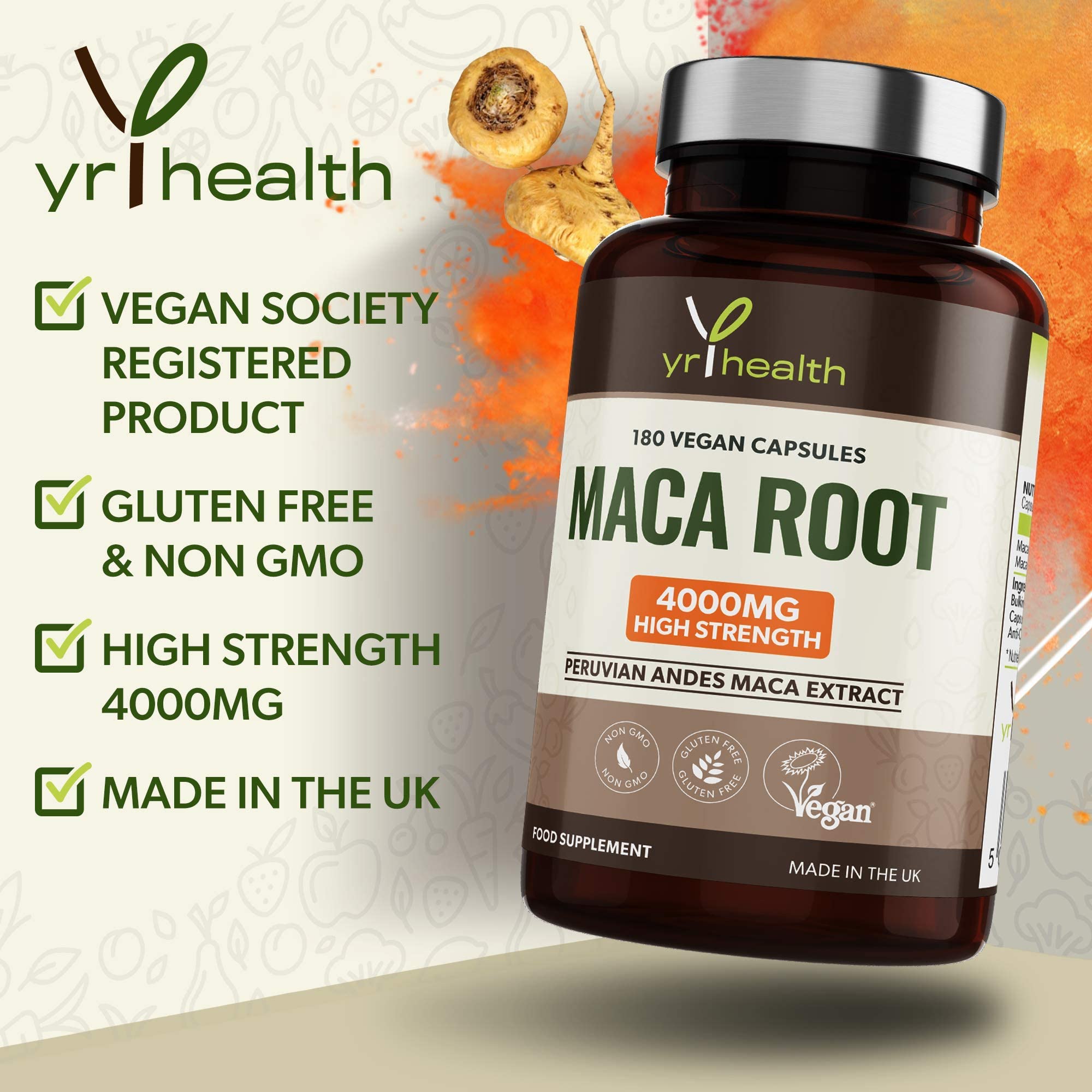 4000mg Maca Root Capsules - 180 Vegan High Strength Peruvian Black Maca Extract Pills for Energy & Libido Boost | Natural Sexual Health Supplement for Men & Women | Made in UK by YrHealth | Supports Stamina, Fertility & Hormonal Balance