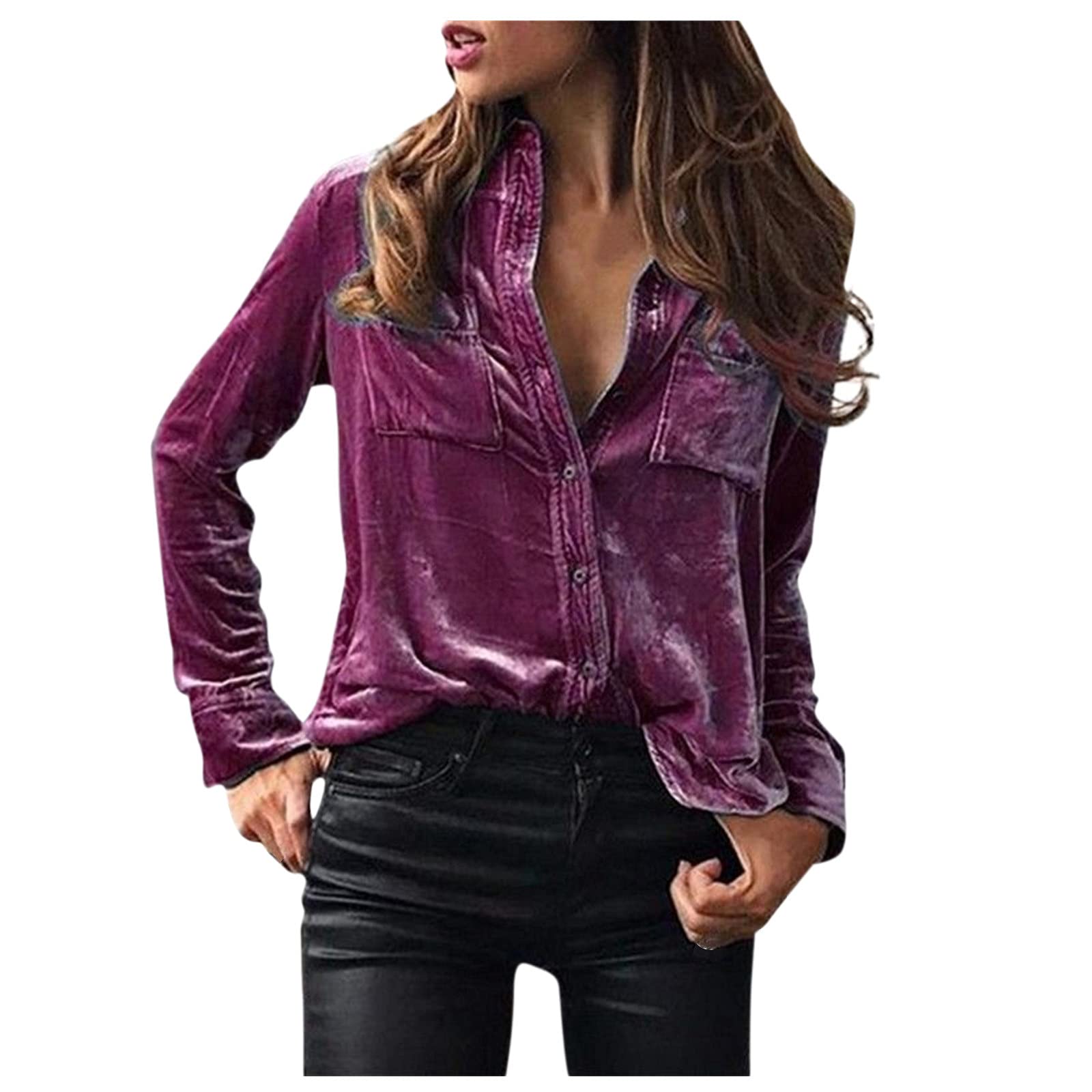 Women's Velvet Long Sleeve Button-Down Shirt with Pocket - Winter Fashion Casual Top for Work, Date Night & Holiday Parties