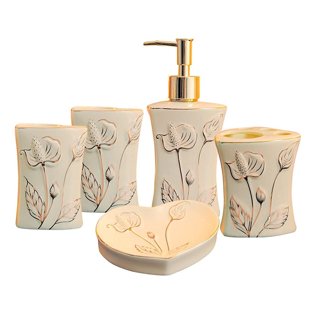 Premium 5-Piece Ceramic Bathroom Accessories Set - Soap Dispenser, Toothbrush Holder, Mouthwash Cup & Soap Dish | Elegant Hotel & Home Bathroom Decor for Wedding, Guest Room & Spa Style