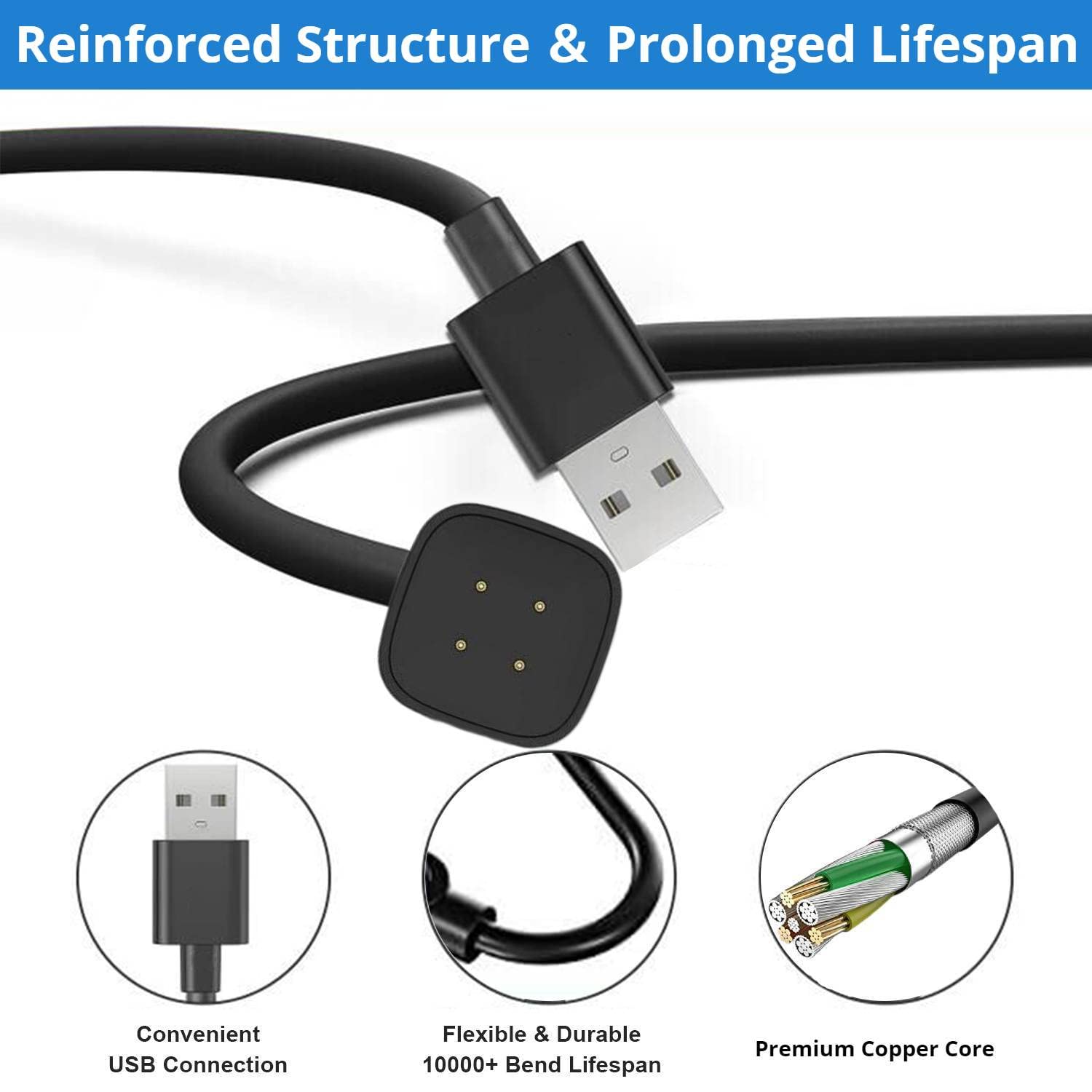 Premium Fitbit Versa 4/Sense/Versa 3/Sense 2 Charger (2-Pack) - 3.3Ft Magnetic Charging Cable with Strong Dock Stand - Perfect for Home, Office & Travel Use