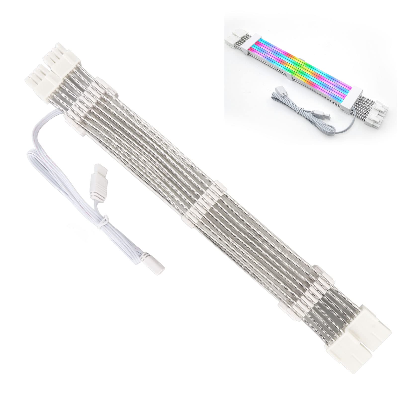 RGB Power Supply Cable Extension Kit - 24PIN ARGB Sleeved White PSU Cable for Gaming PC Case | Perfect for Custom PC Builds & RGB Lighting Setups