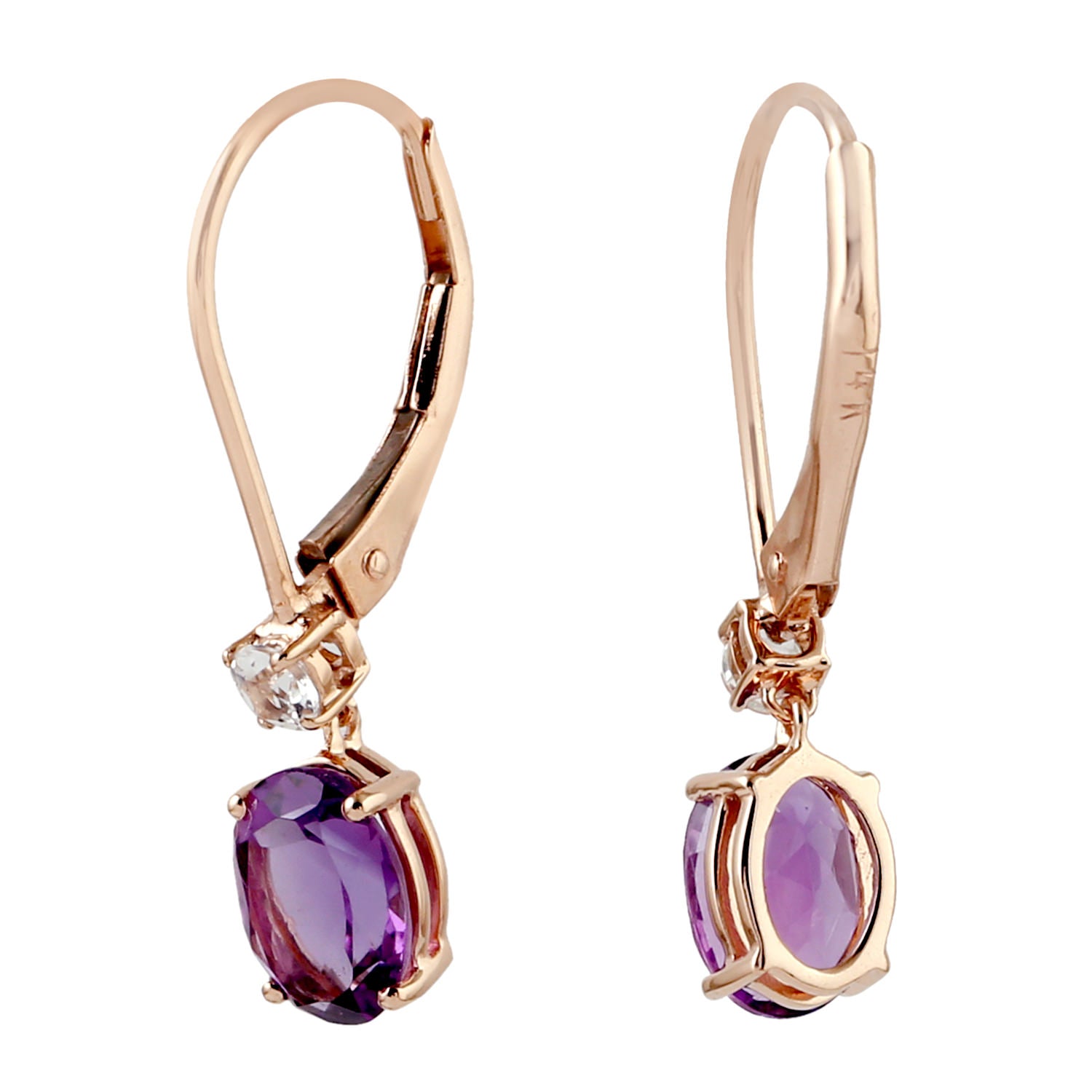 14K Rose Gold Oval Cut Amethyst & Topaz Dangle Earrings with Lever Back - Elegant Jewelry for Women, Perfect for Weddings, Parties & Special Occasions