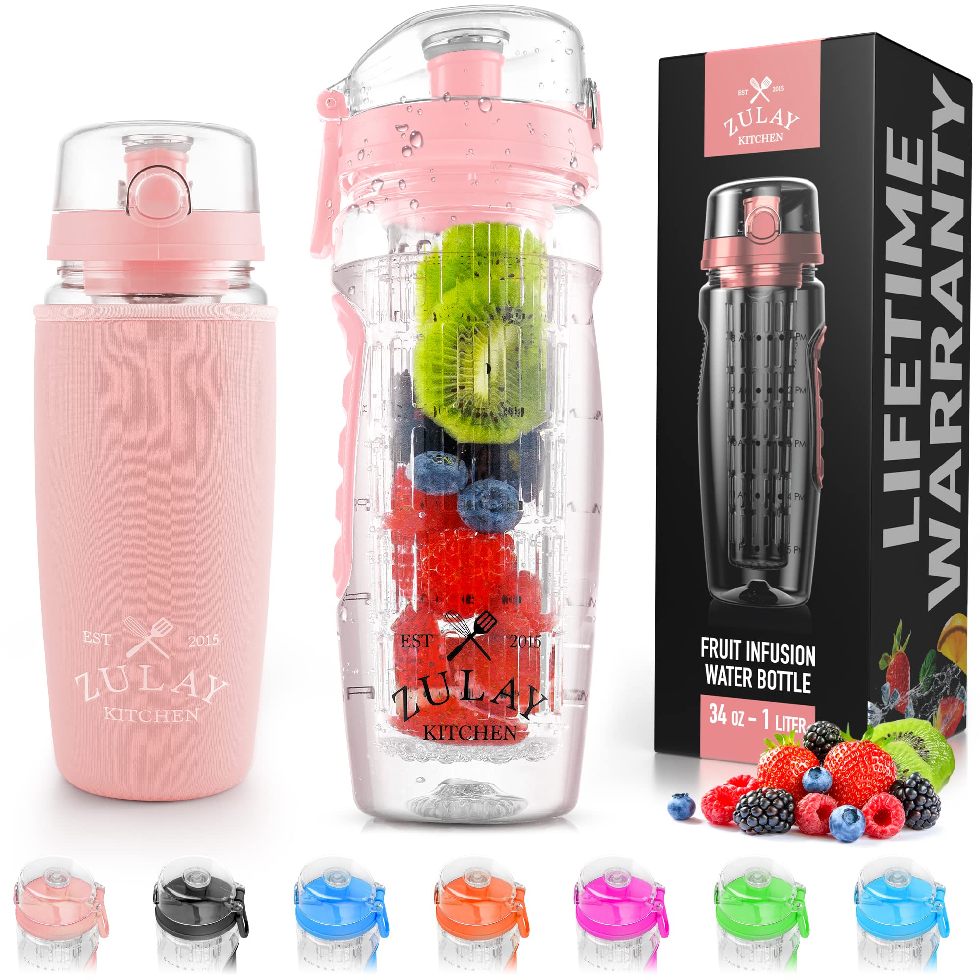 Zulay 34oz Fruit Infuser Water Bottle with Sleeve - Leakproof for Gym & Work