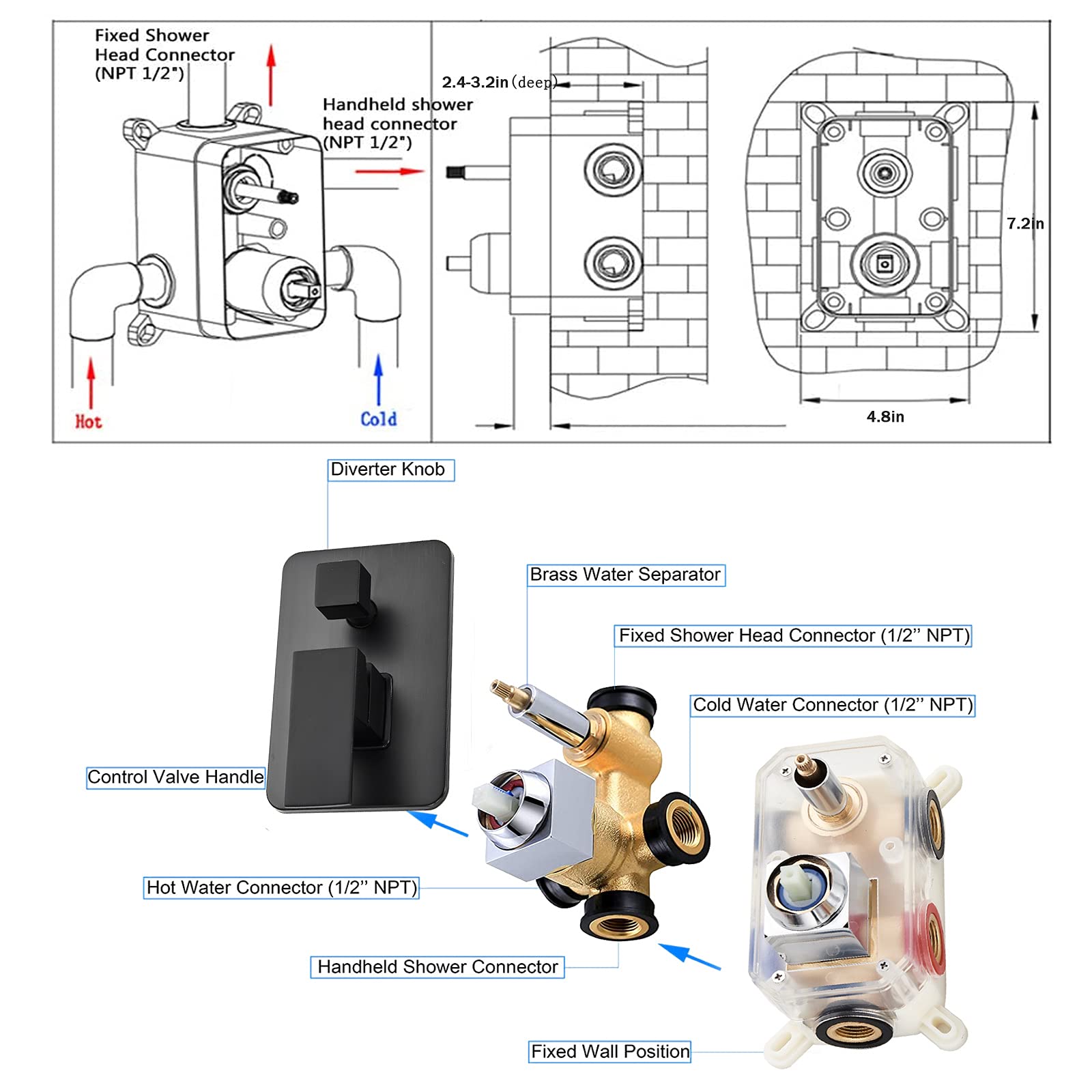 Suguword Black Matte 8 Inch LED Rainfall Shower System - 2 Function Wall Mount Shower Faucet with Hand Sprayer & Diverter Valve Kit | Perfect for Modern Bathroom Renovation & Spa-Like Shower Experience